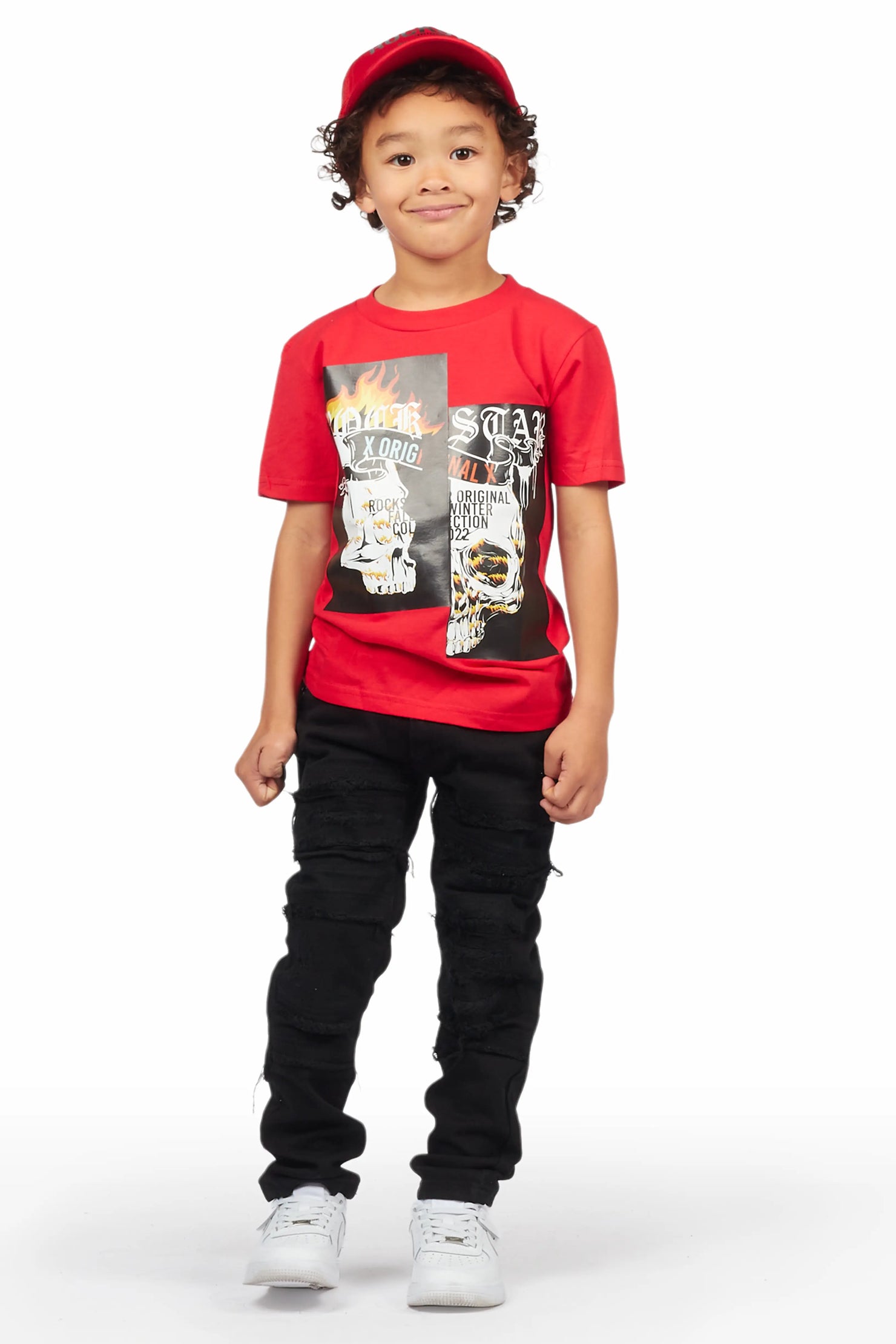 Boys Zaci Red/Black T-Shirt/Frayed Jean Set