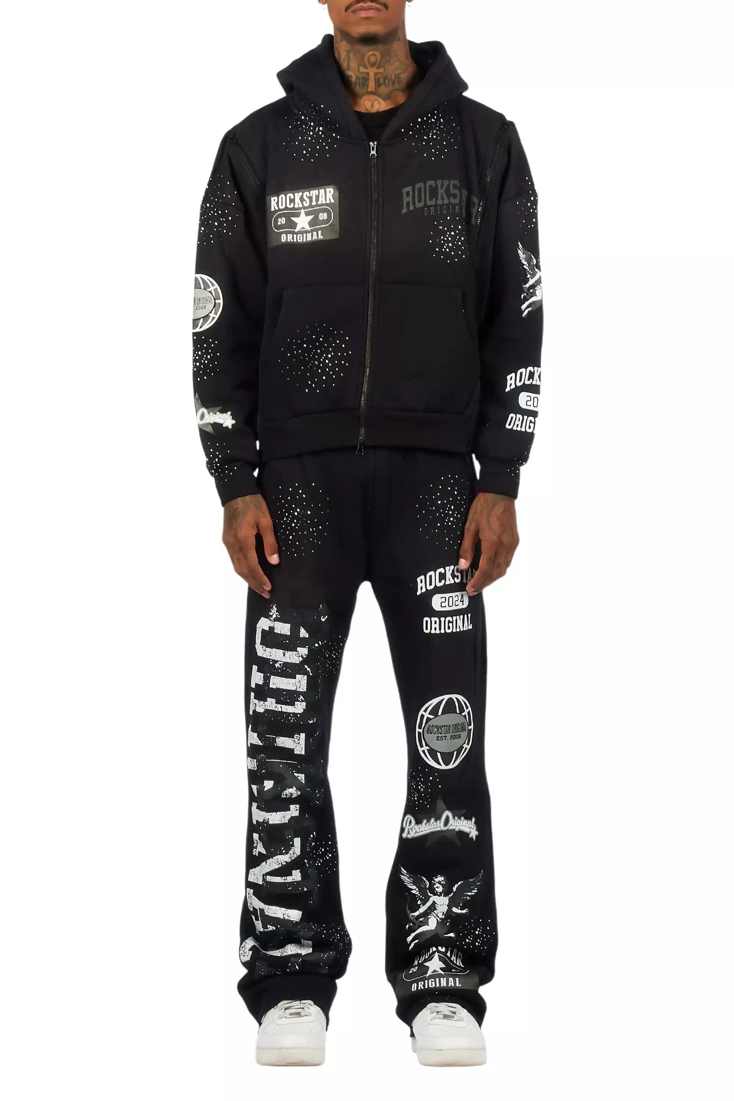 Gutta Black Rhinestone Hoodie Relaxed Track Set