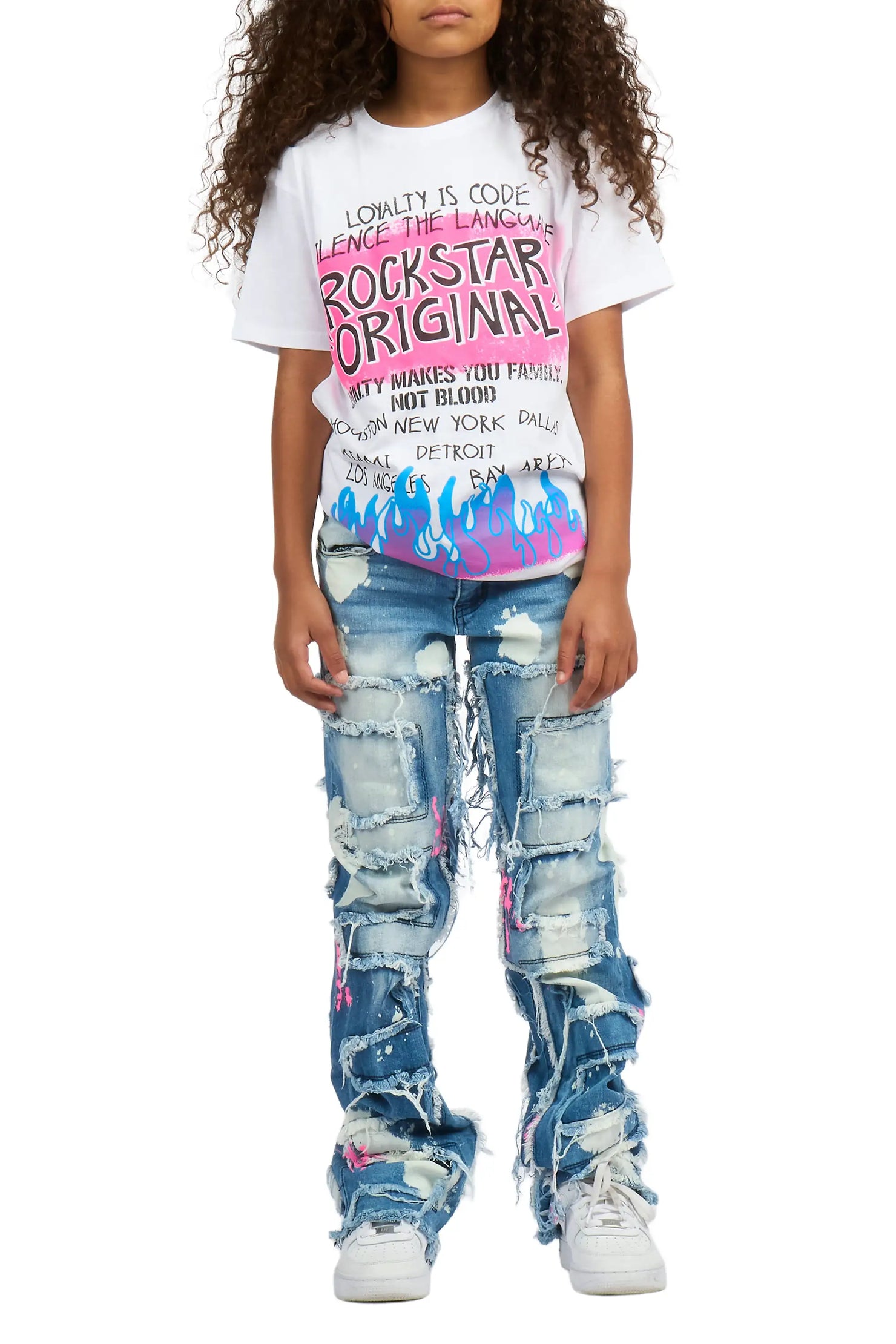 Girls Bannie Blue/Pink Stacked Painter Flare Jean