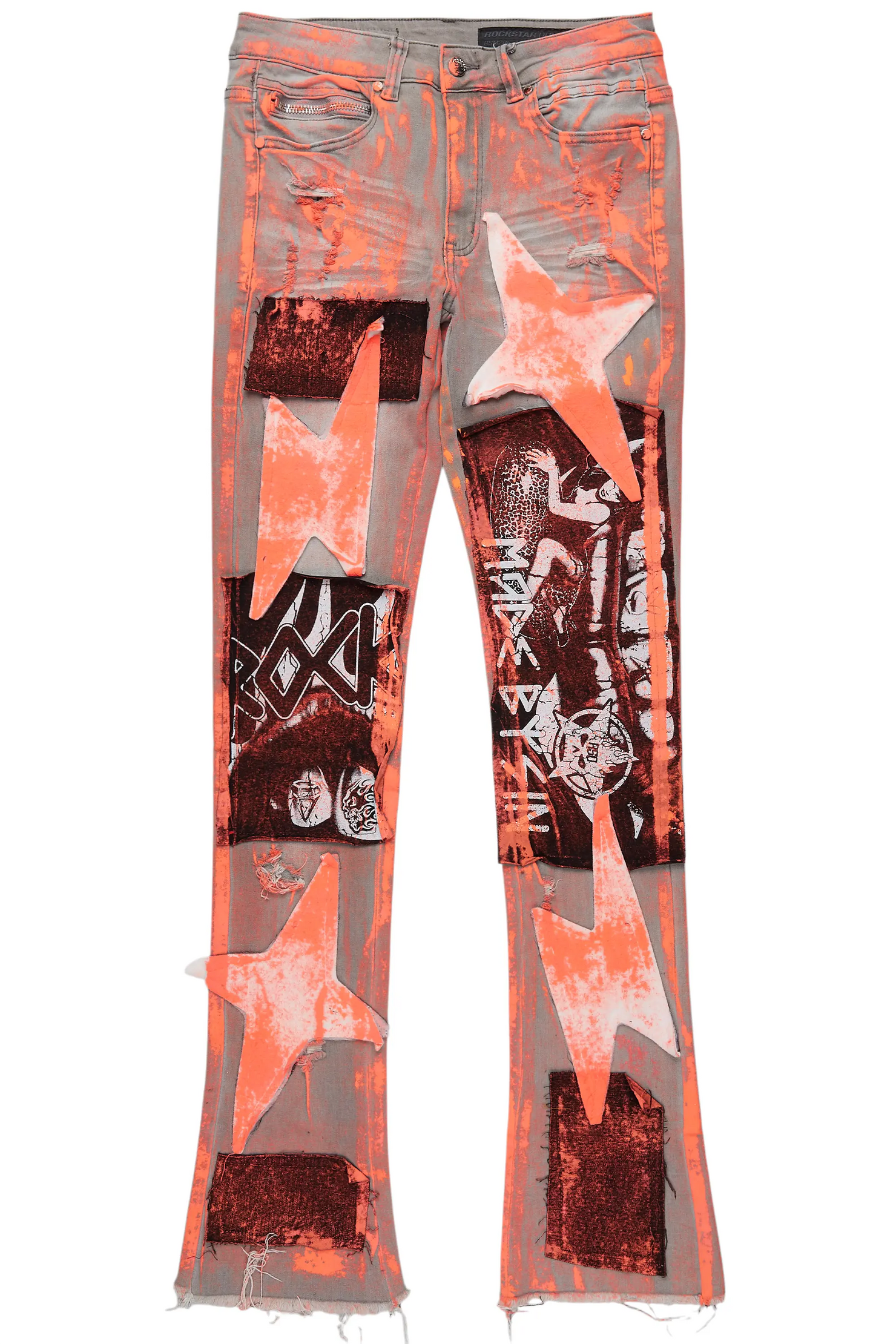 Valko Grey/Orange Roller Paint Stacked Flare Jean