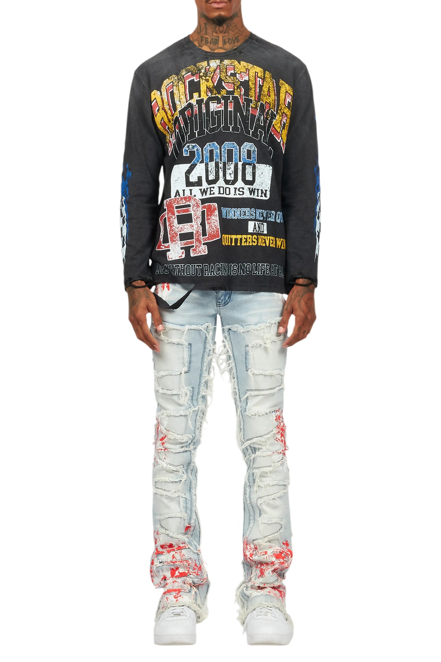 Kodak Blue/Red Painter Stacked Flare Fringe Jean