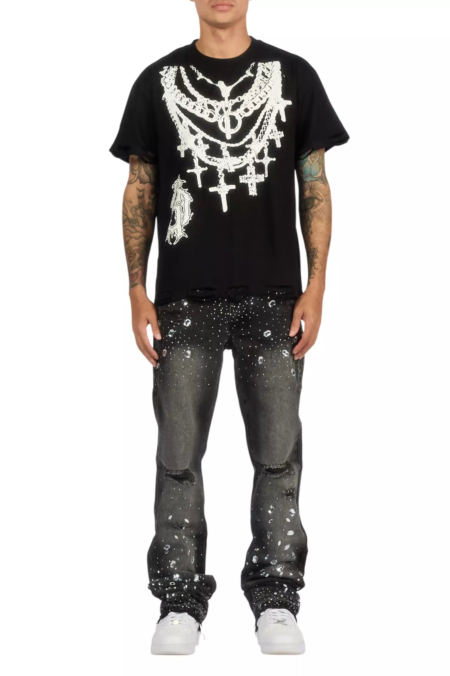 Glanz Dark Grey Rhinestone Stacked Flare Jean