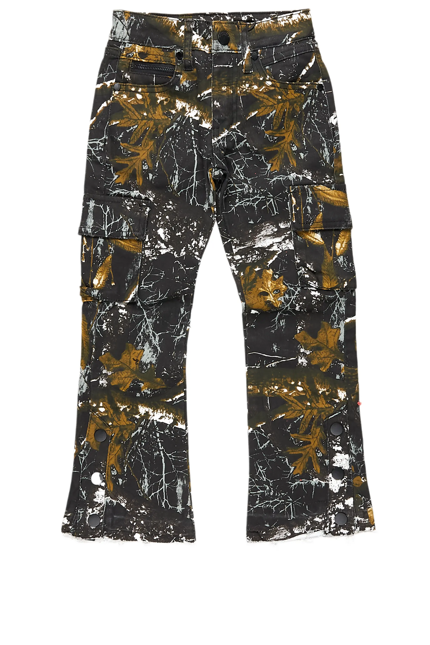 Boys Waage Black Tree Camo Stacked Flare Cargo Jean