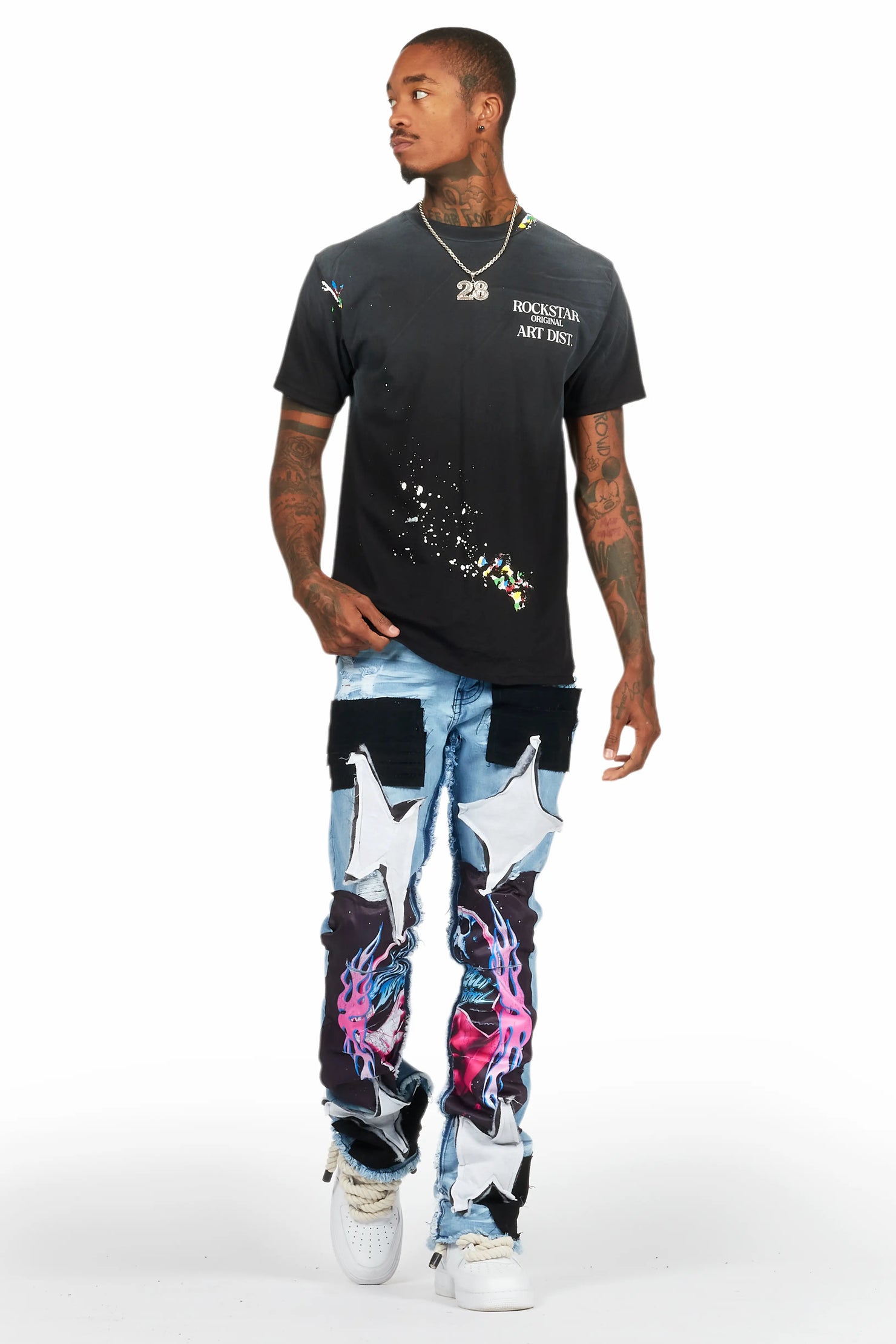 Helios Blue Patchwork Stacked Flare Jean