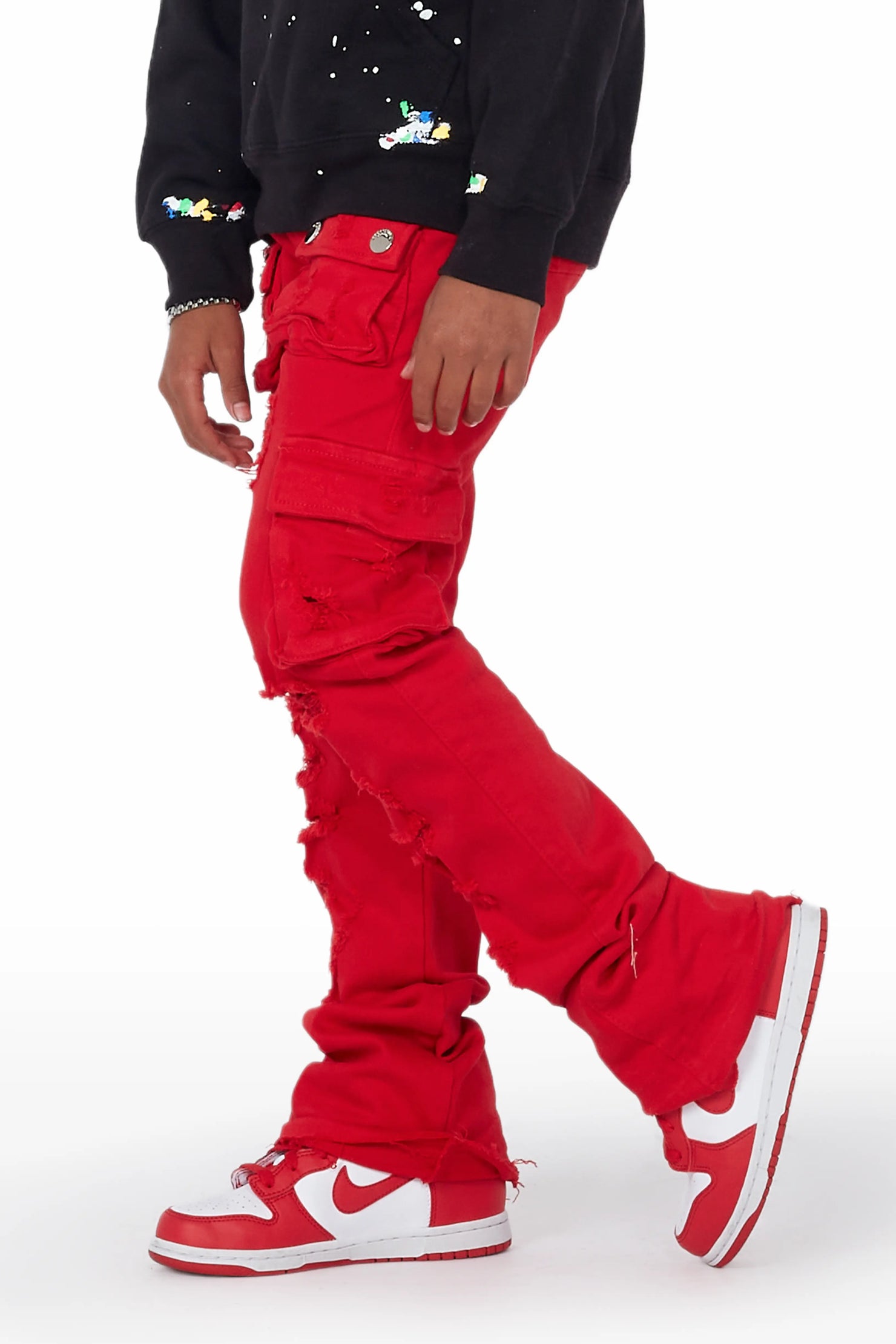 Boys Zaire Red Cargo Super Stacked Flare Jean