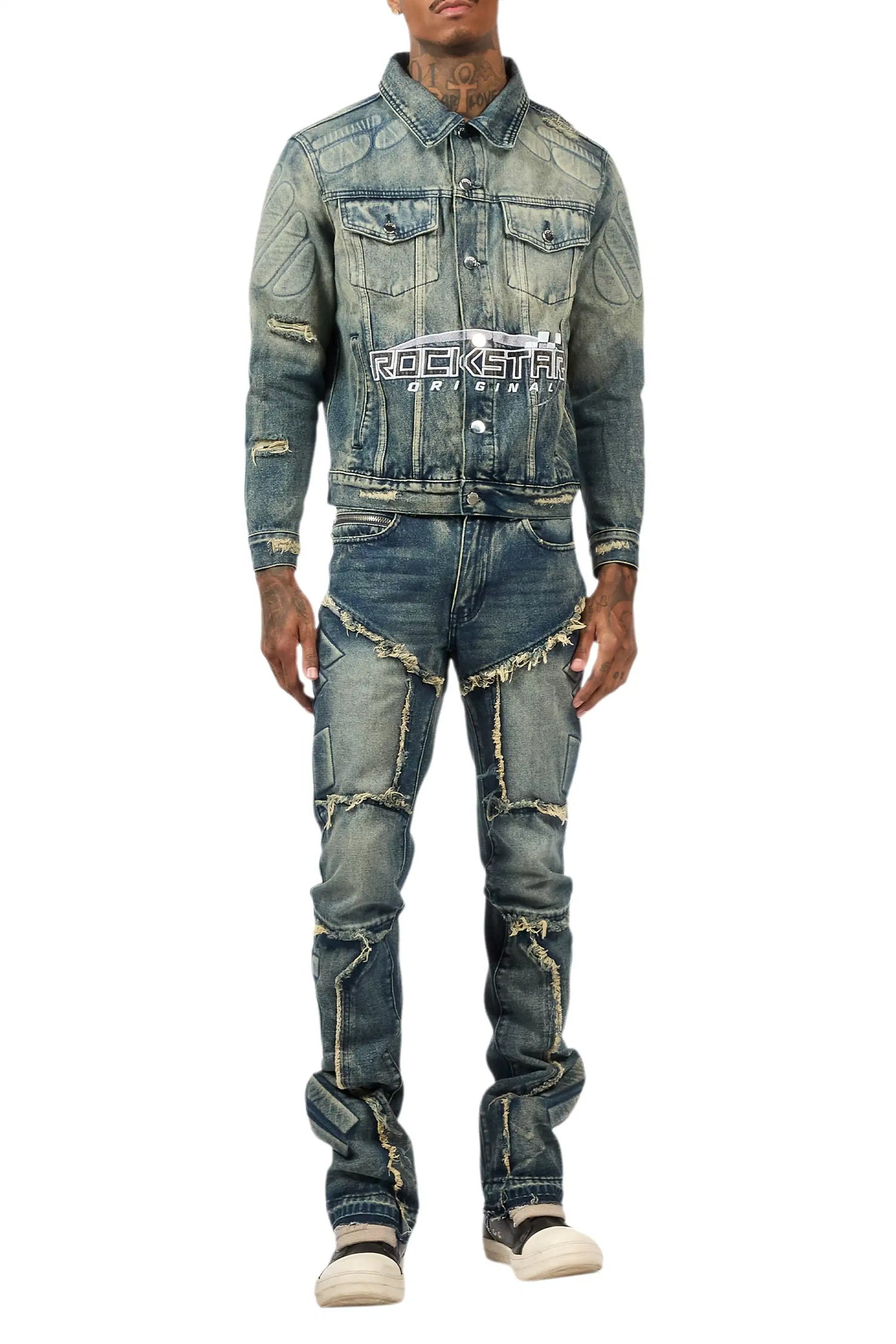 Throttle Blue Denim Jacket/Stacked Flare Jean Set