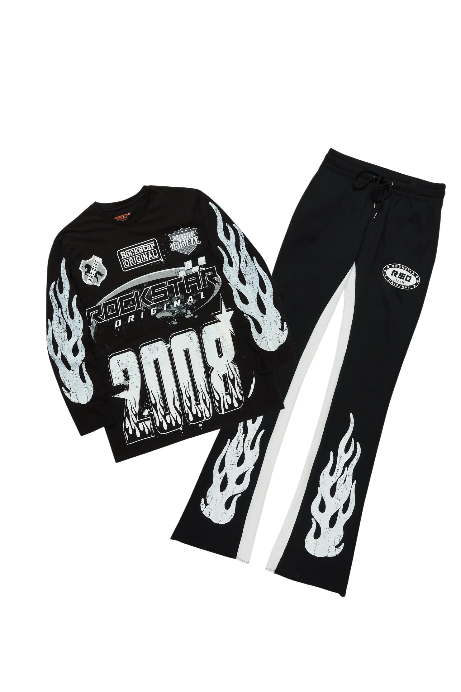 Amos Black/White Long Sleeve T-Shirt/Stacked Baggy Pant Set