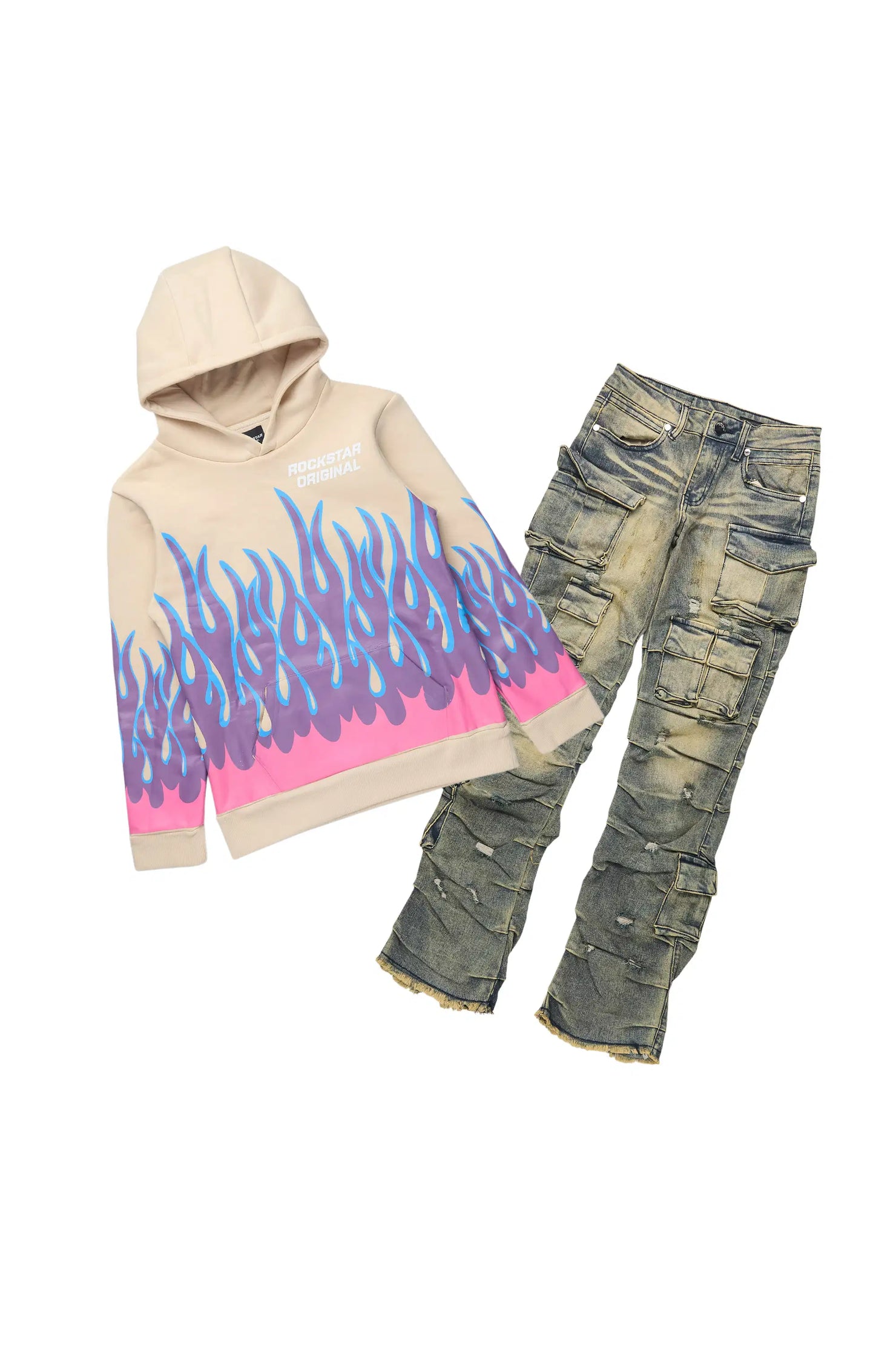 Boys Roeland Beige Hoodie & Gentry Tint Blue Stacked Jean Set
