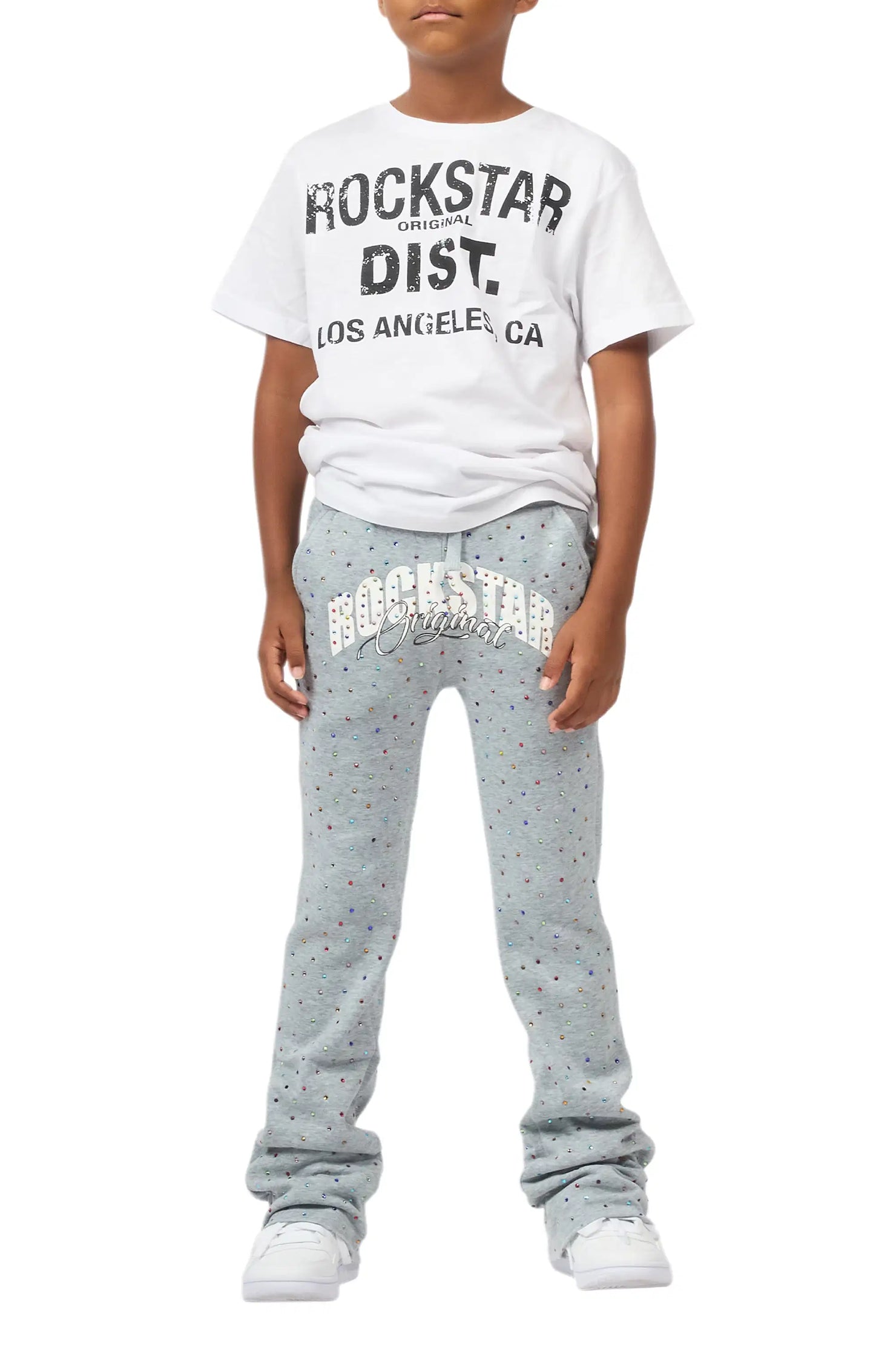 Boys Franchesco Heather Grey Rhinestone Stacked Track Pant