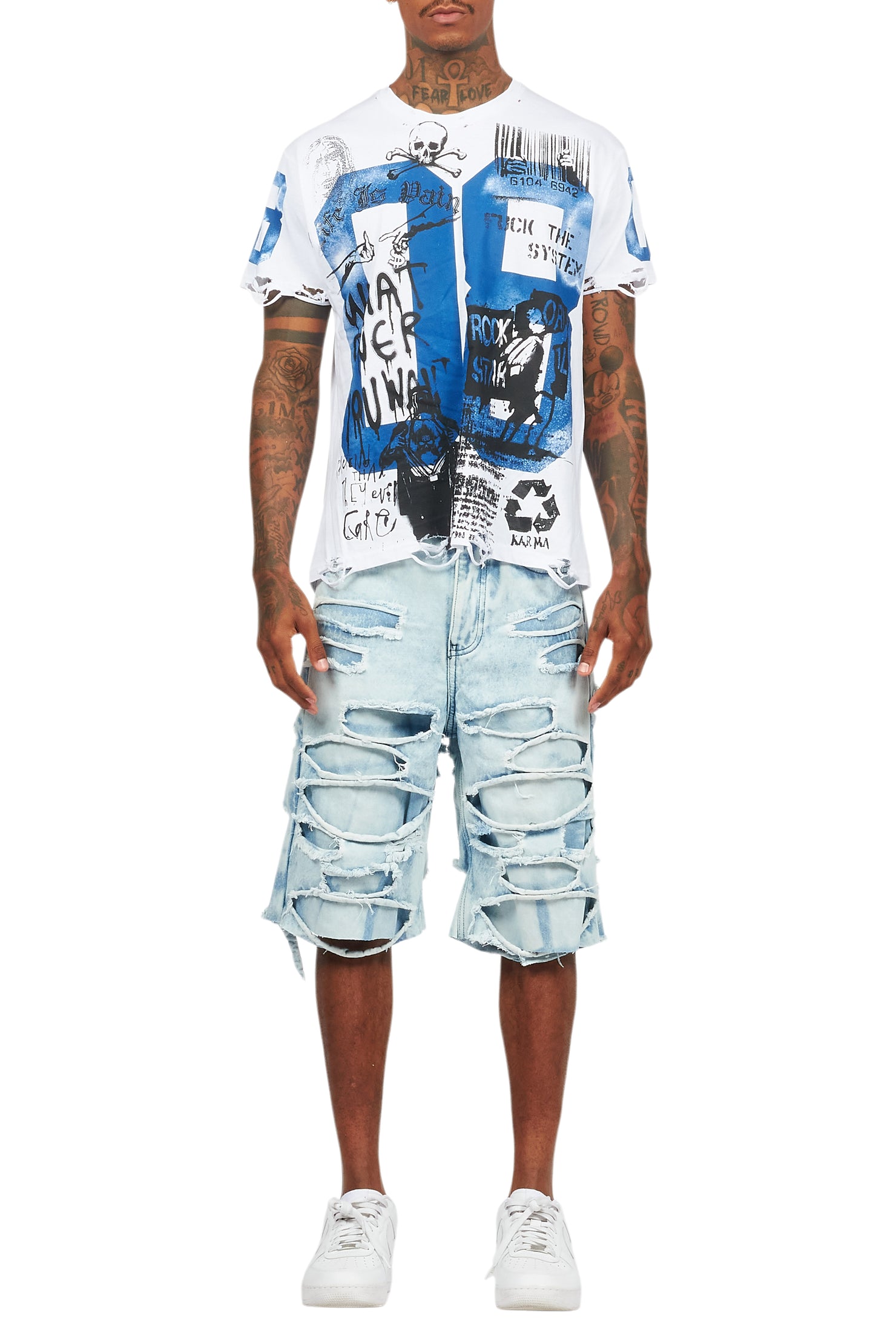 Grill White/Blue T-Shirt/Denim Short Set