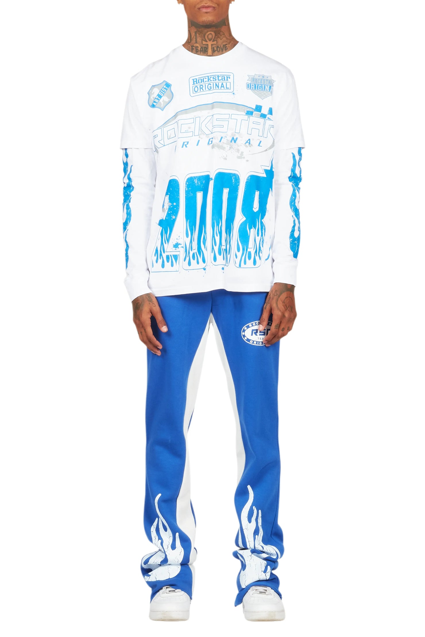 Amos White/Royal Double Layer T-Shirt/Stacked Baggy Pant Set