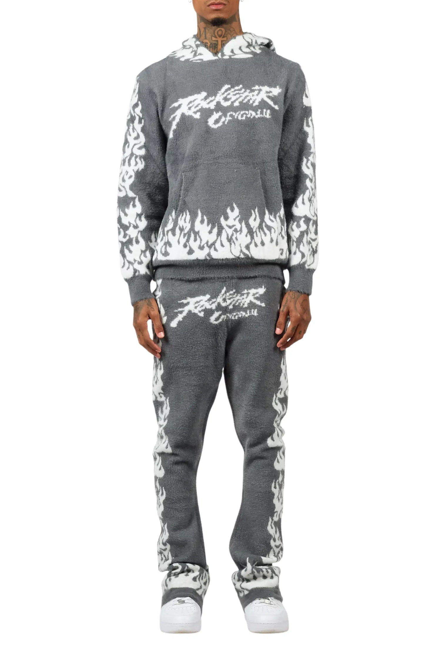 Yash Grey Hoodie Stacked Flare Track Set