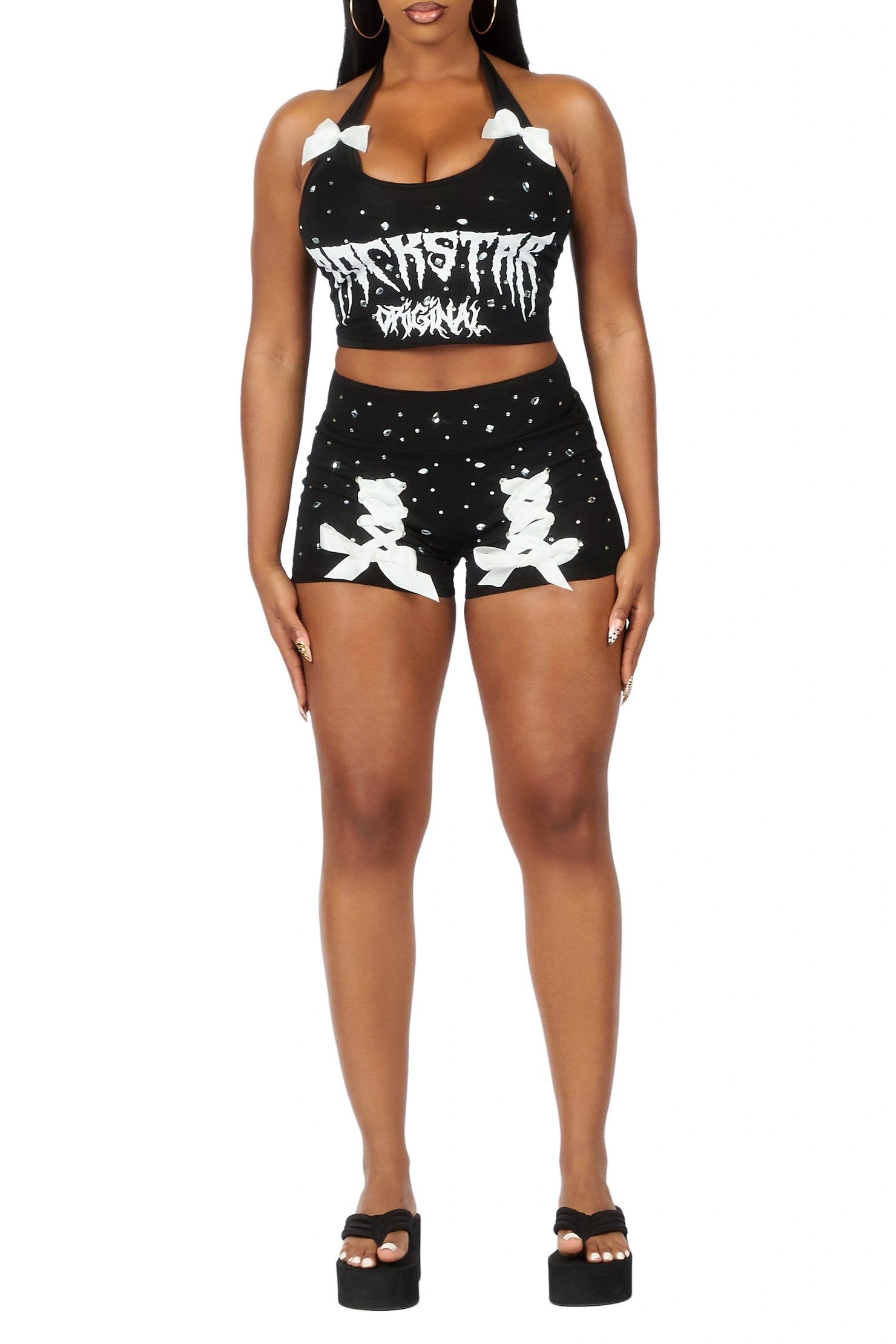 Donita Black Rhinestone Halter Tank Short Set