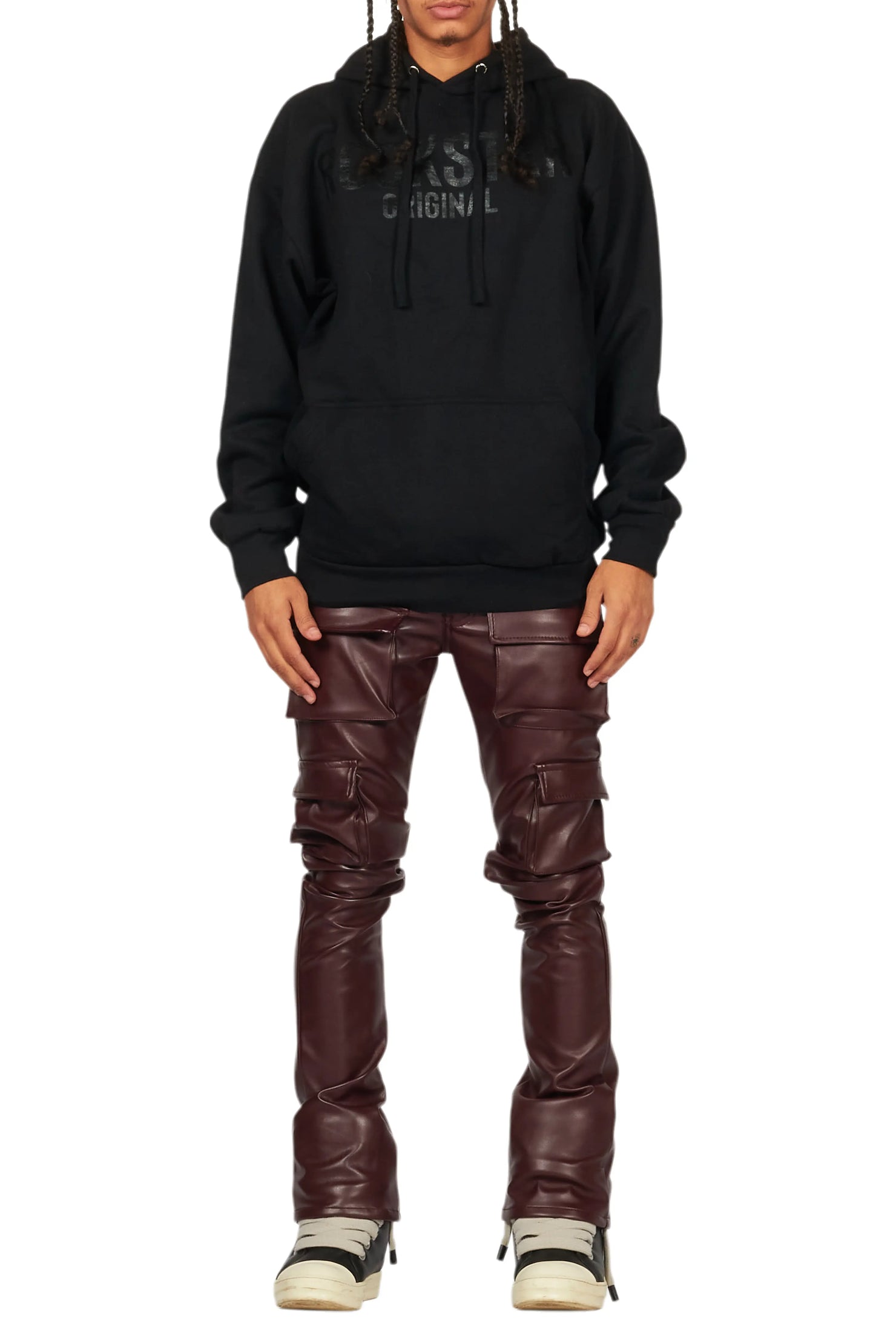 Kap Burgundy Stacked Flare Faux Leather Jean