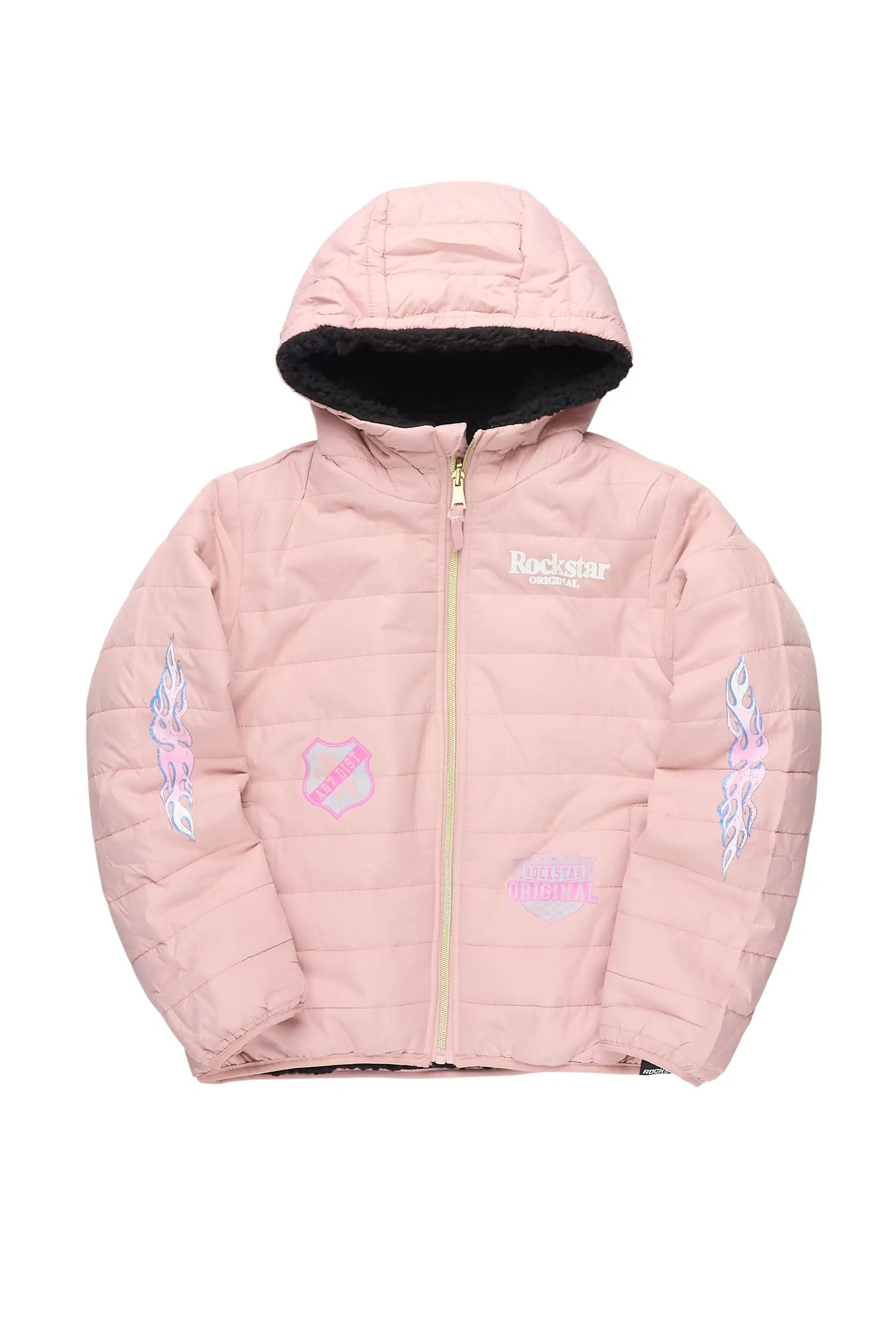 Girls Daegra Mauve/Black Reversible Fur Puffer Jacket