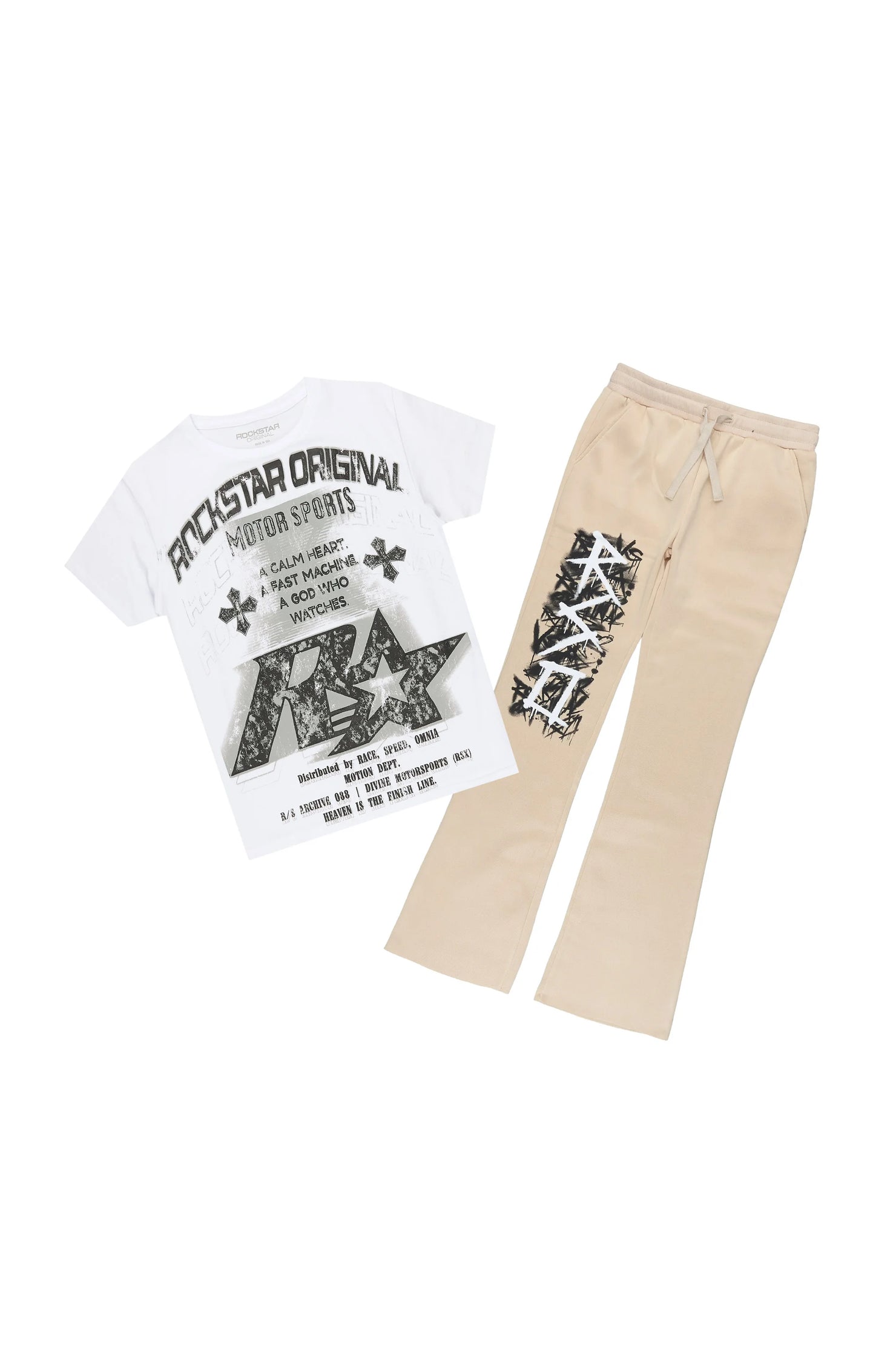 Girls Bynesha White/Beige T-Shirt Pant Set
