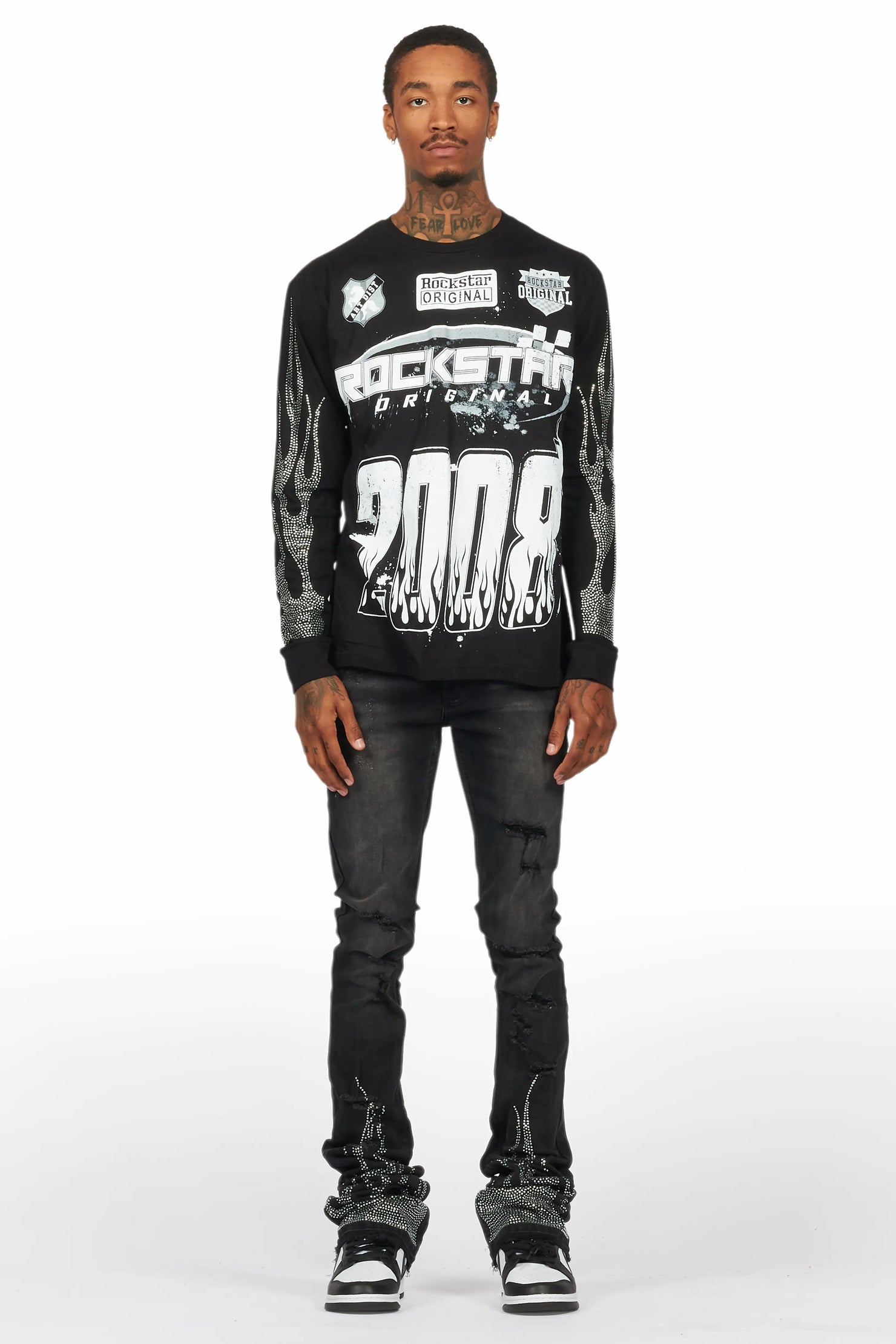 Amos Black Rhinestone Long Sleeve T-Shirt/Super Stacked Flare Jean Set