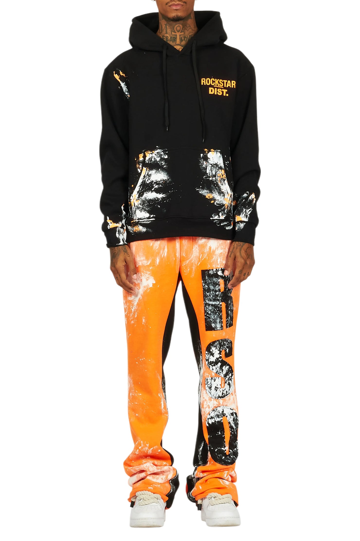 Folly Black/Orange Hoodie/Baggy Stacked Flare Pant Set