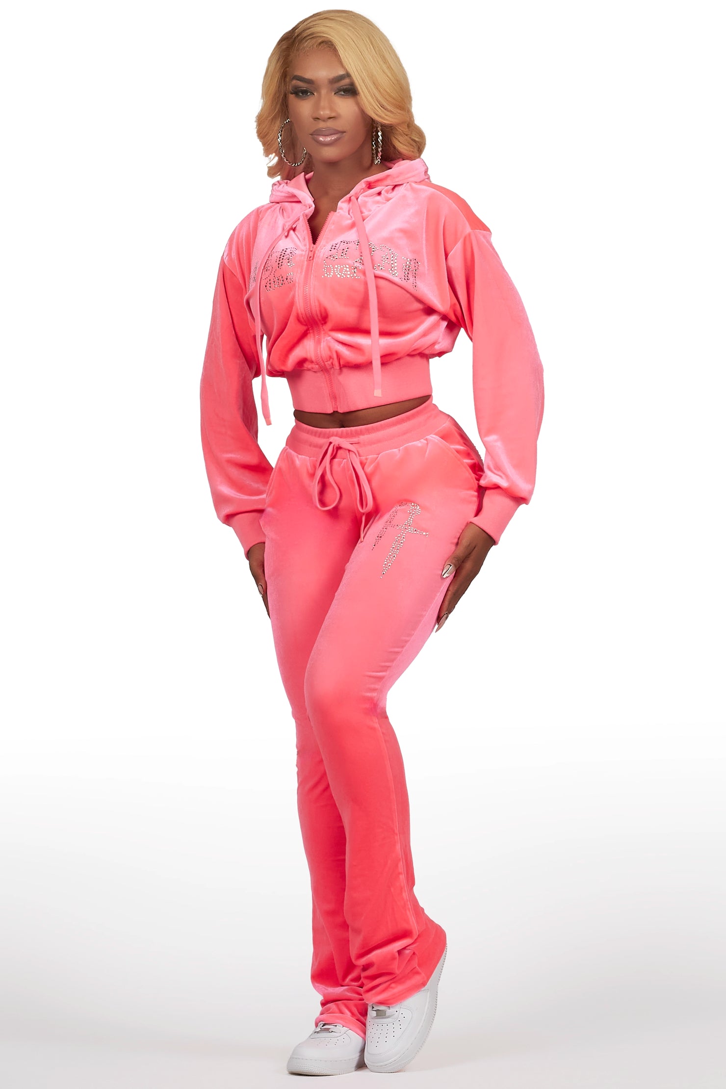 Atalaya Neon Pink Stacked Rhinestone Velour Trackset