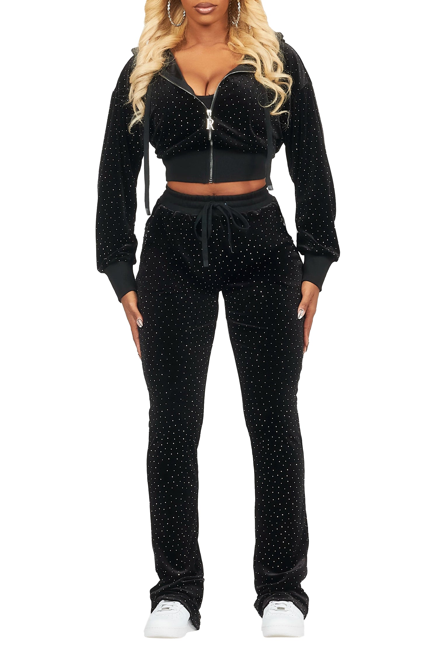 Khalilah Black Rhinestone Velour Stacked Trackset
