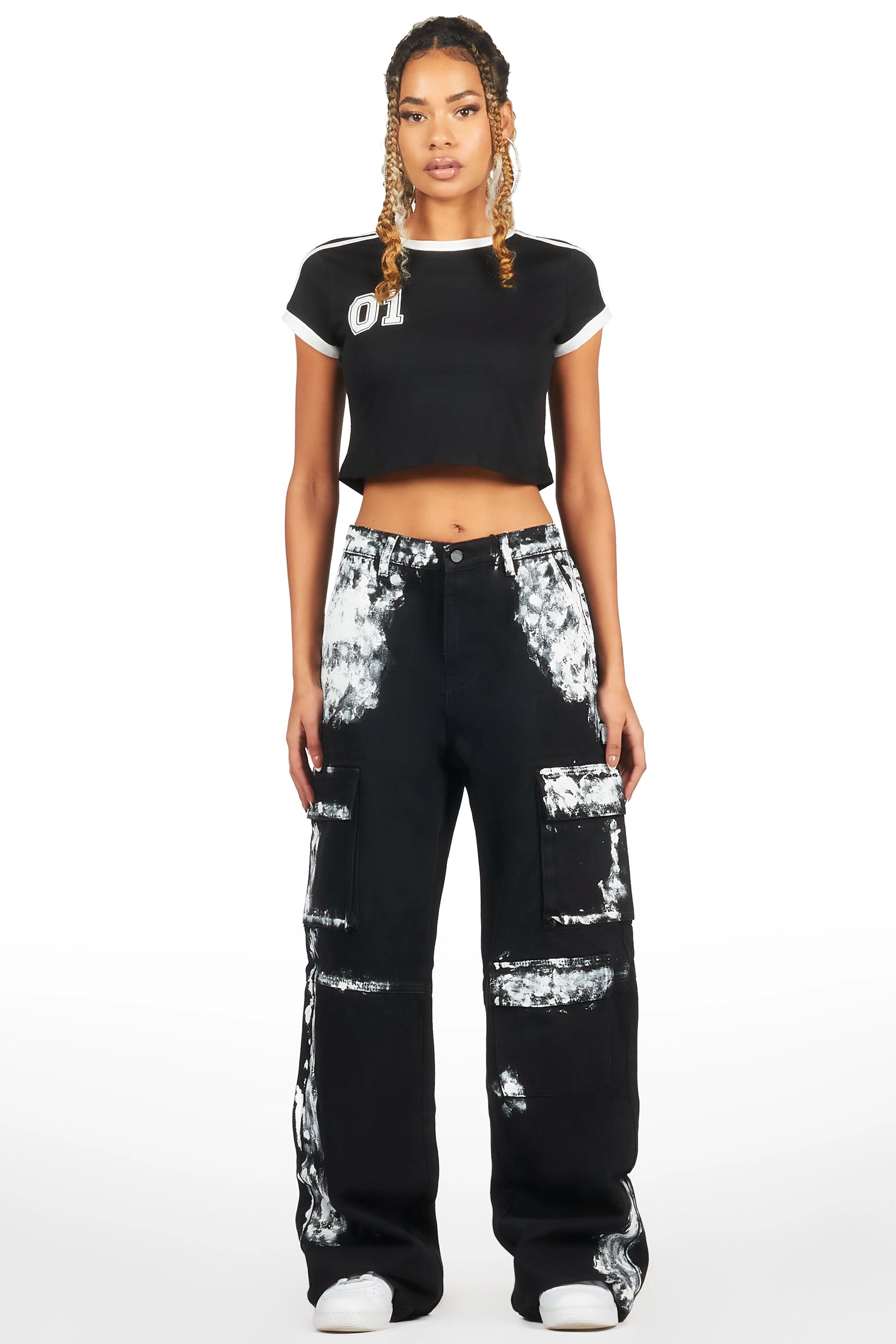 Roniqua Black Painted Baggy Cargo Jean