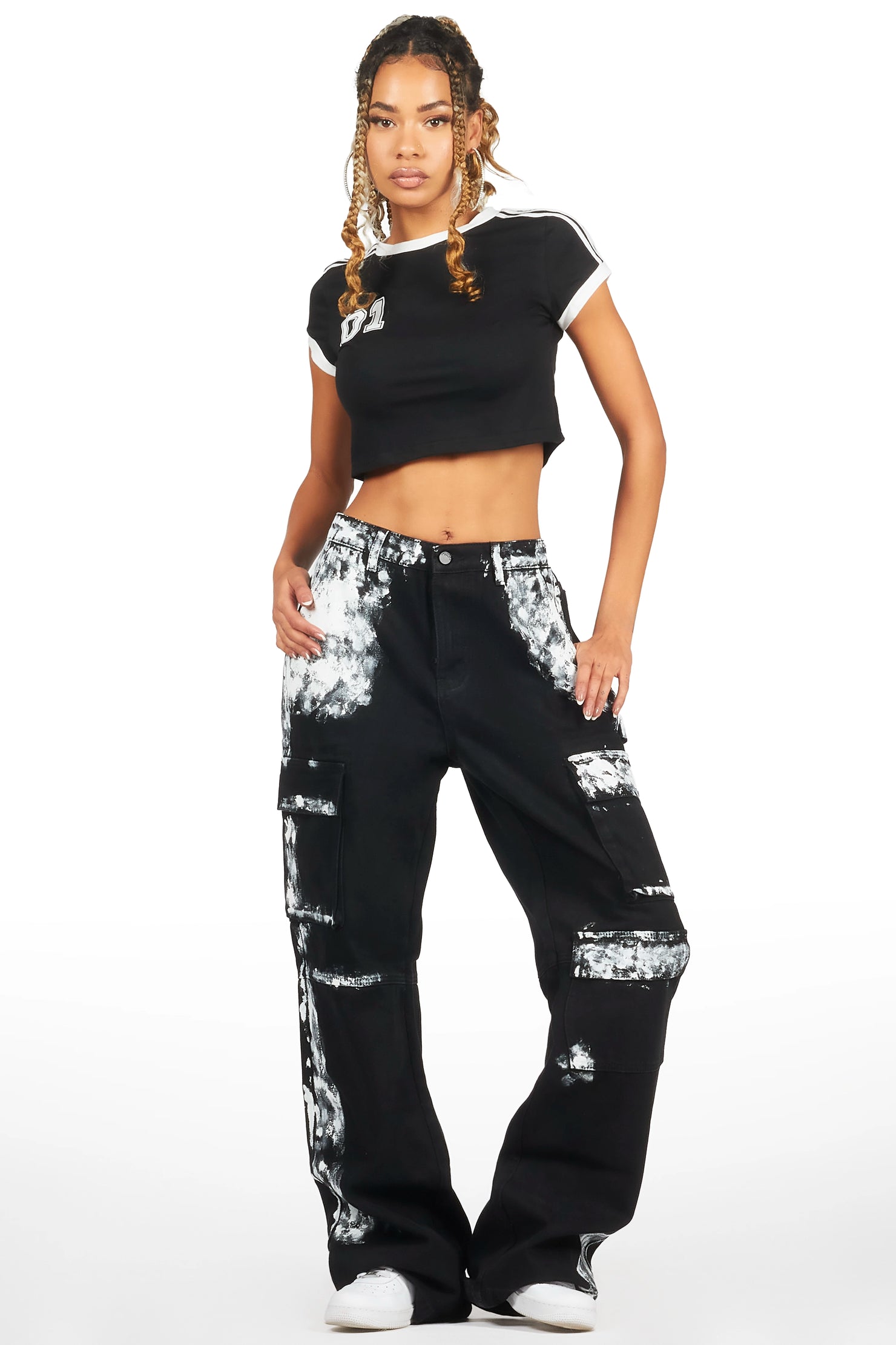 Roniqua Black Painted Baggy Cargo Jean