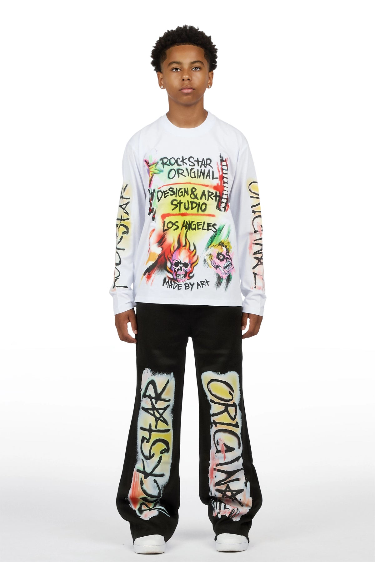 Boys Soweto White/Black Long Sleeve Graphic T-Shirt Track Set