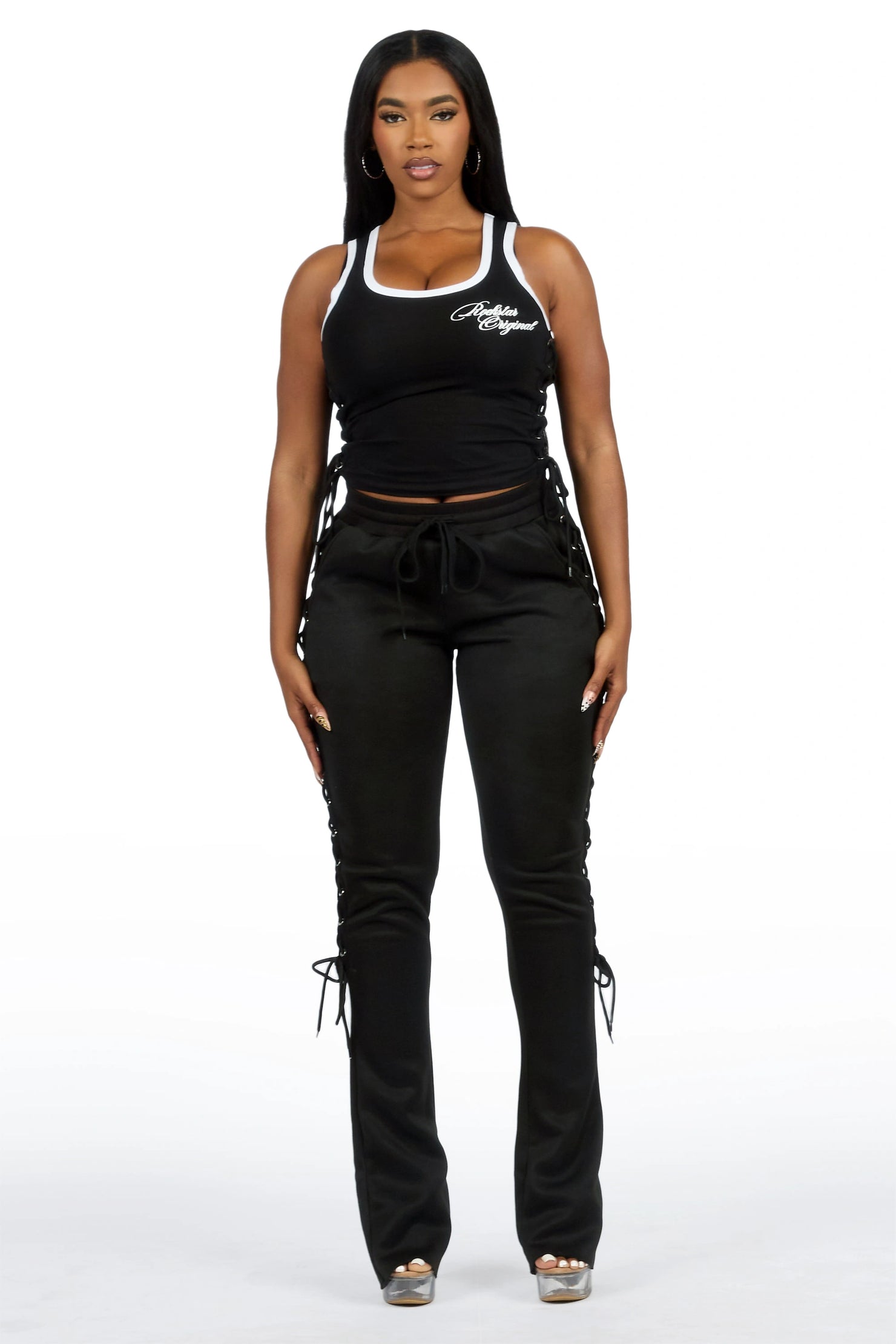 Marisol Black Lace Up Tank Stacked Track Set
