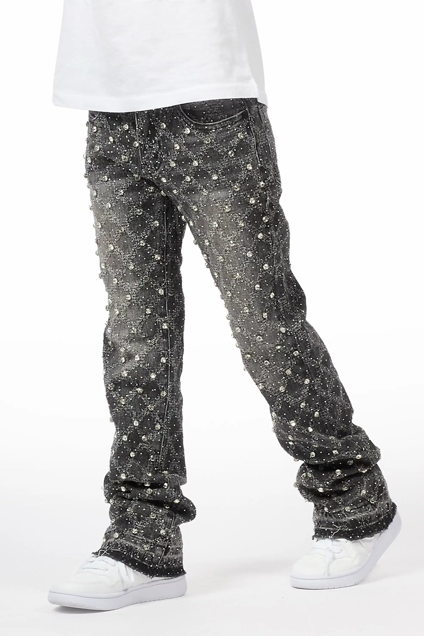 Boys Glit Grey Rhinestone Stacked Flare Jean