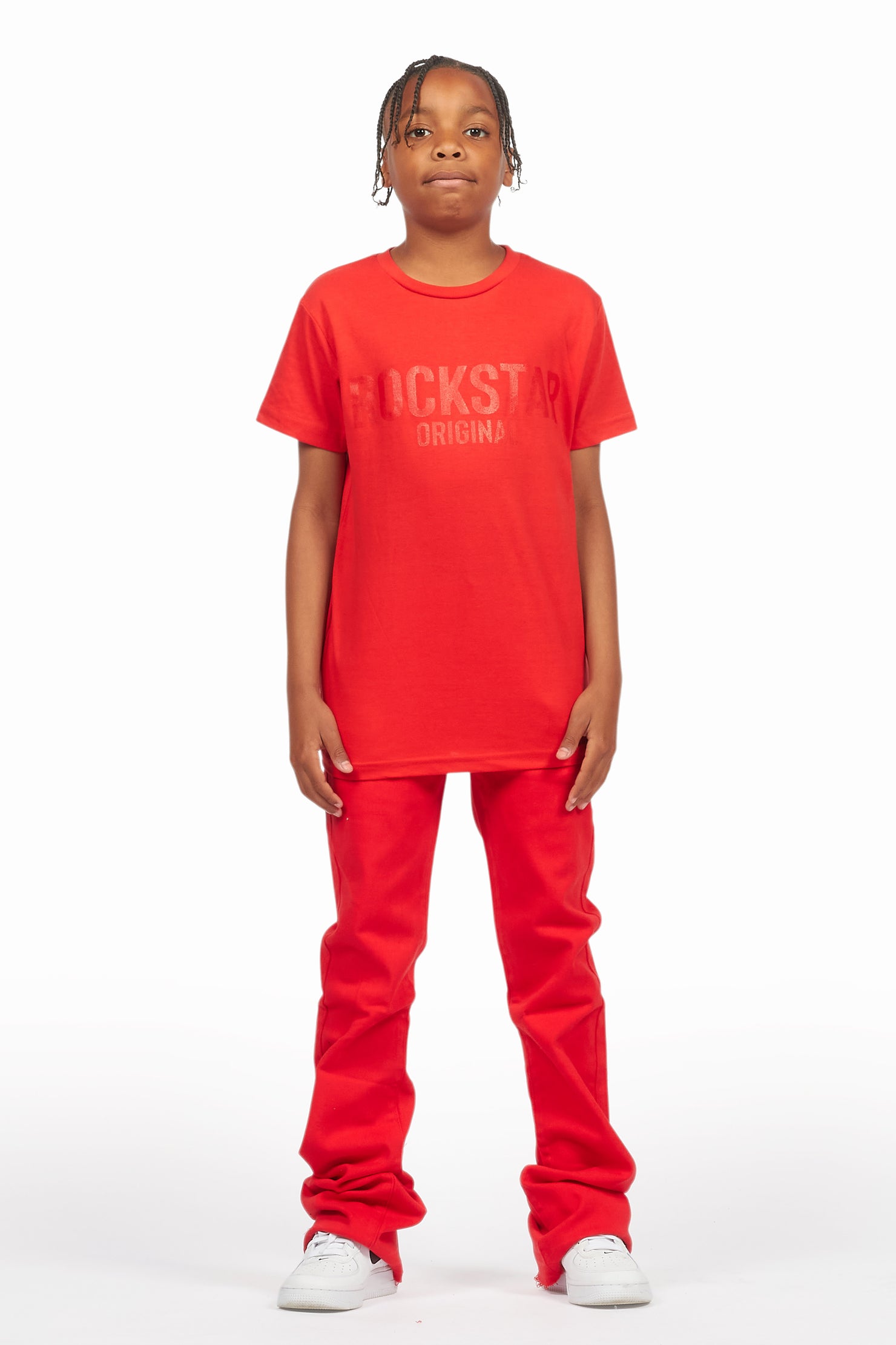 Boys Sana Red T-Shirt/Dag Stacked Flare Jean Set