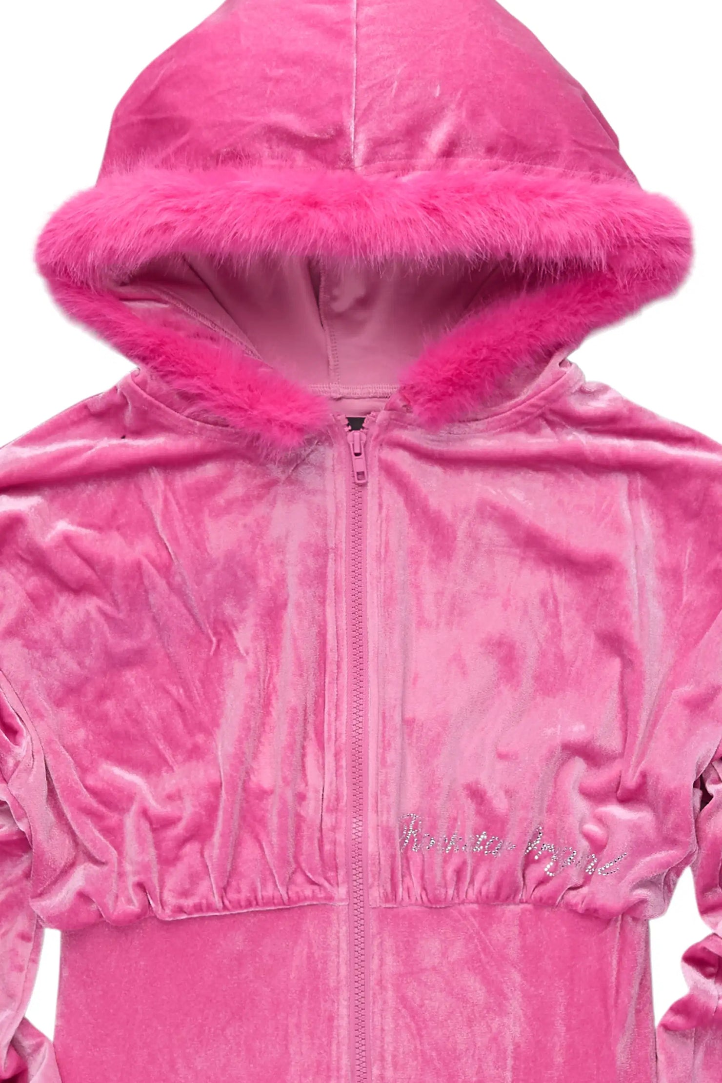 Shanika Pink Velour Crop Hoodie With Fur Hood