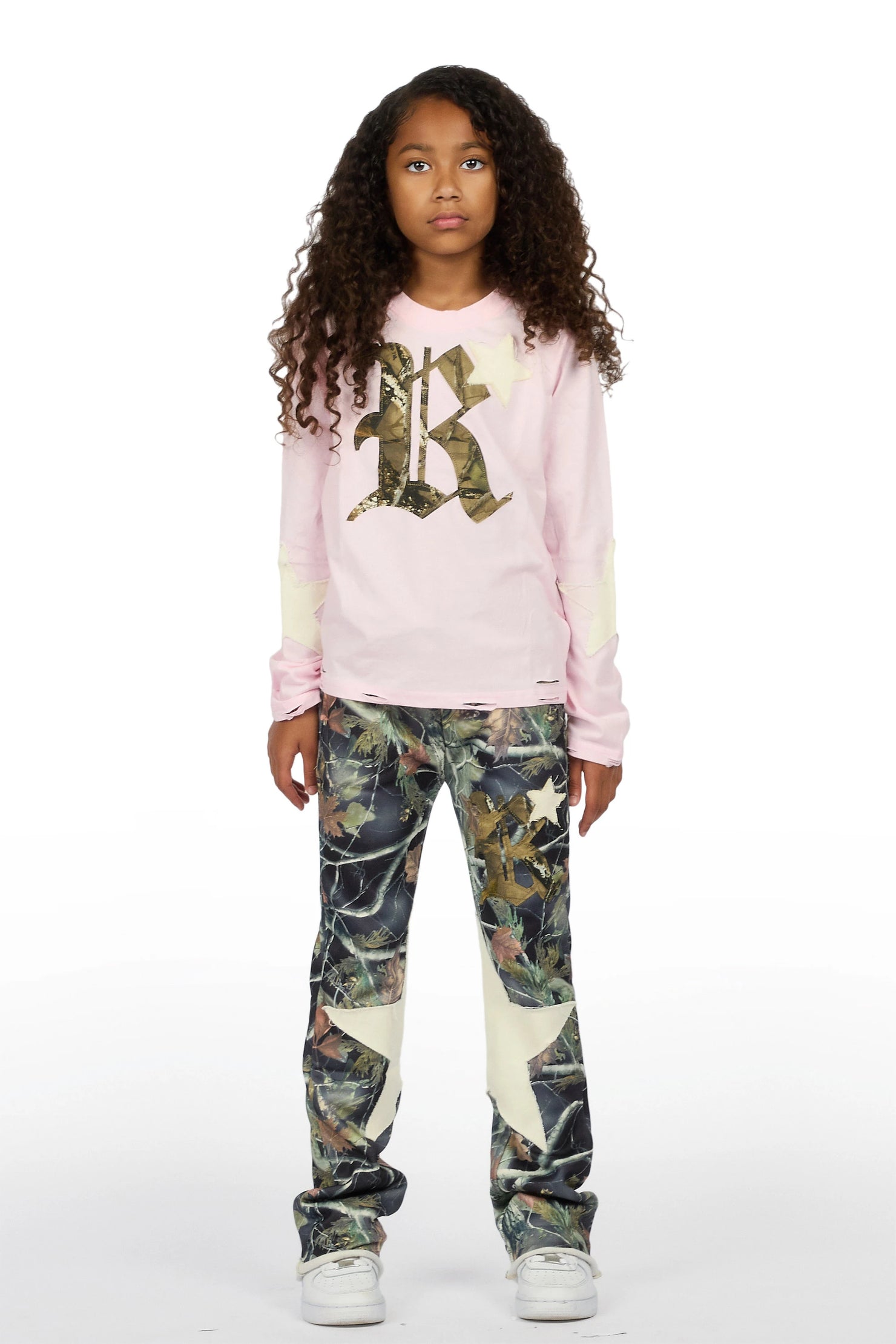 Girls Delgera Pink/Camo Long Sleeve T-Shirt Track Set