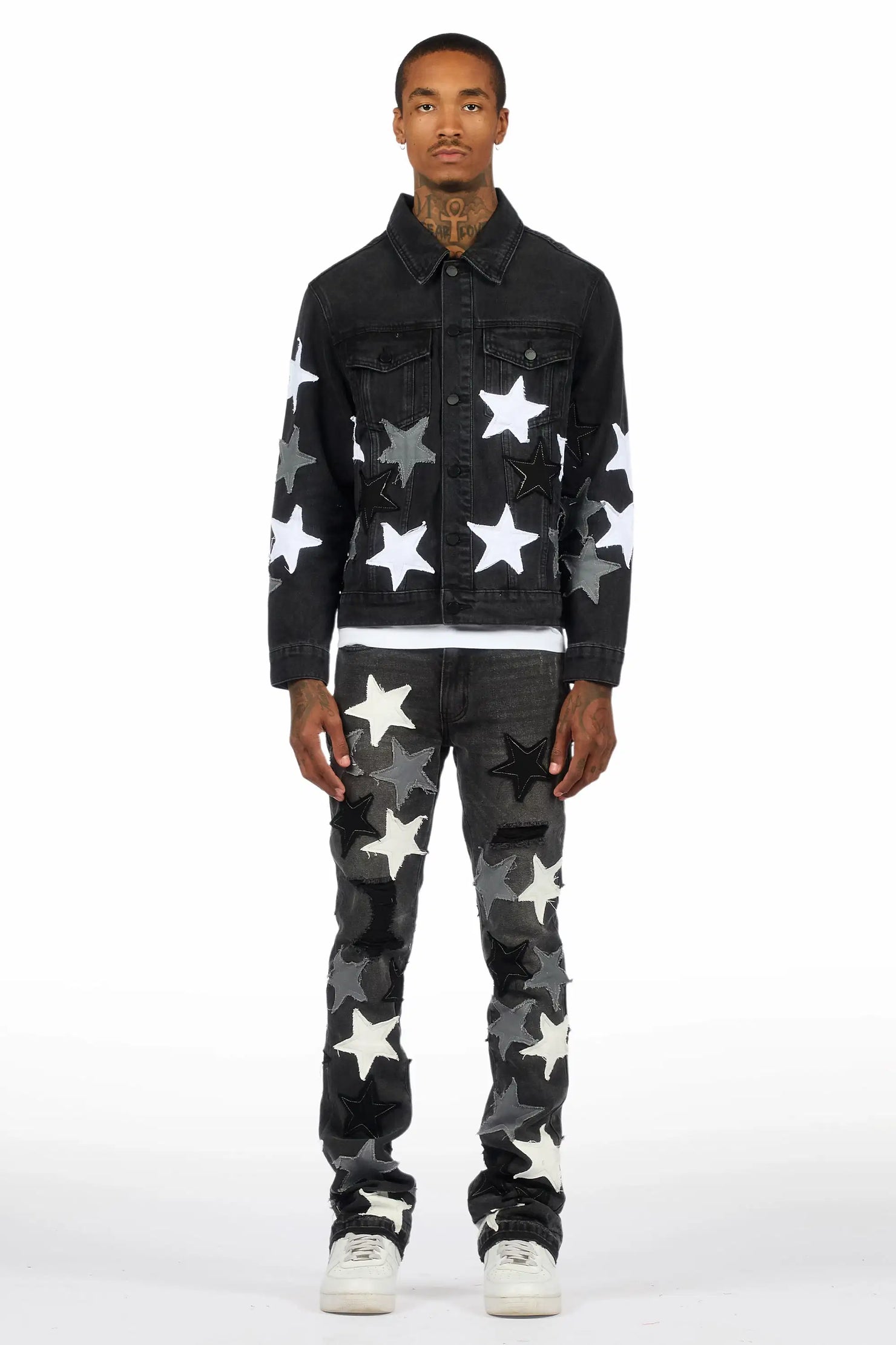 Starlane Jet Black Denim Jacket/Stacked Flare Jean Set