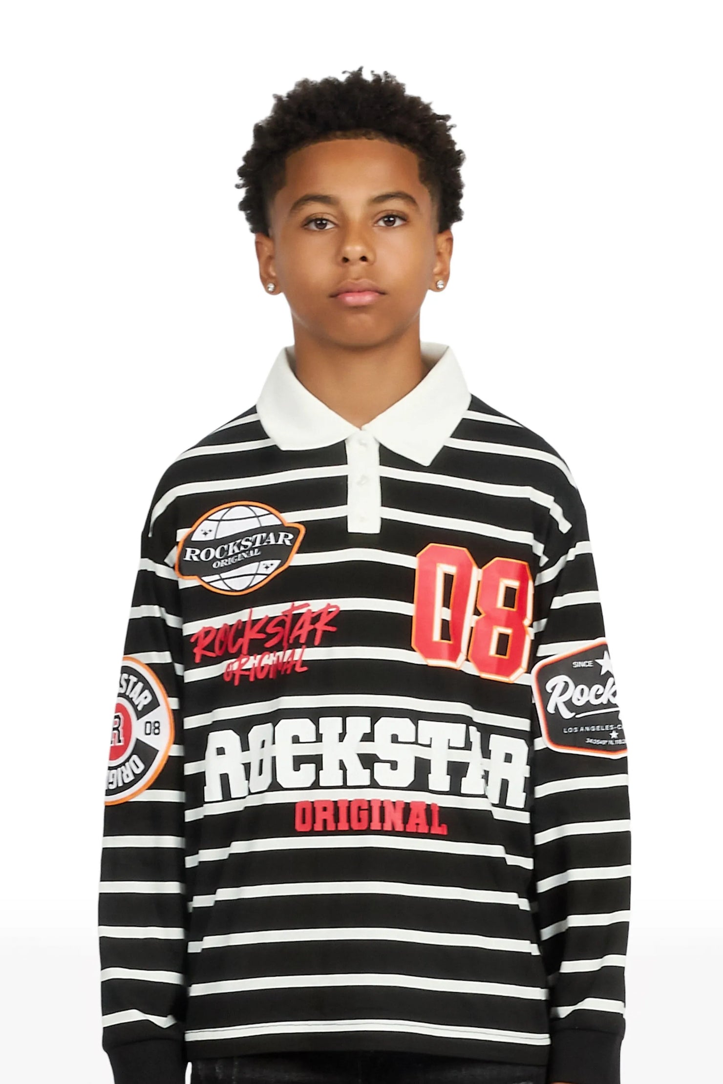Boys Genis Black/White Long Sleeve Polo