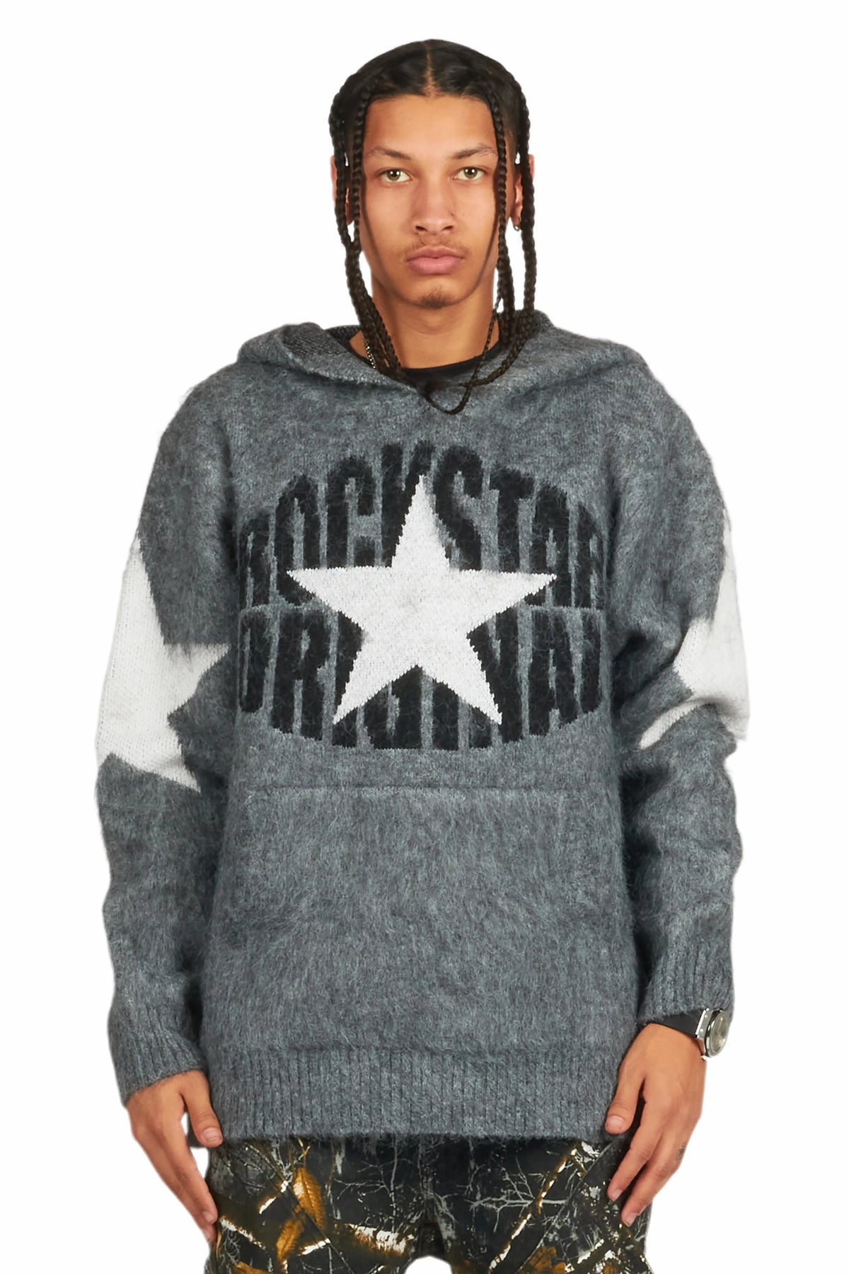States Grey Graphic Knitted Hoodie