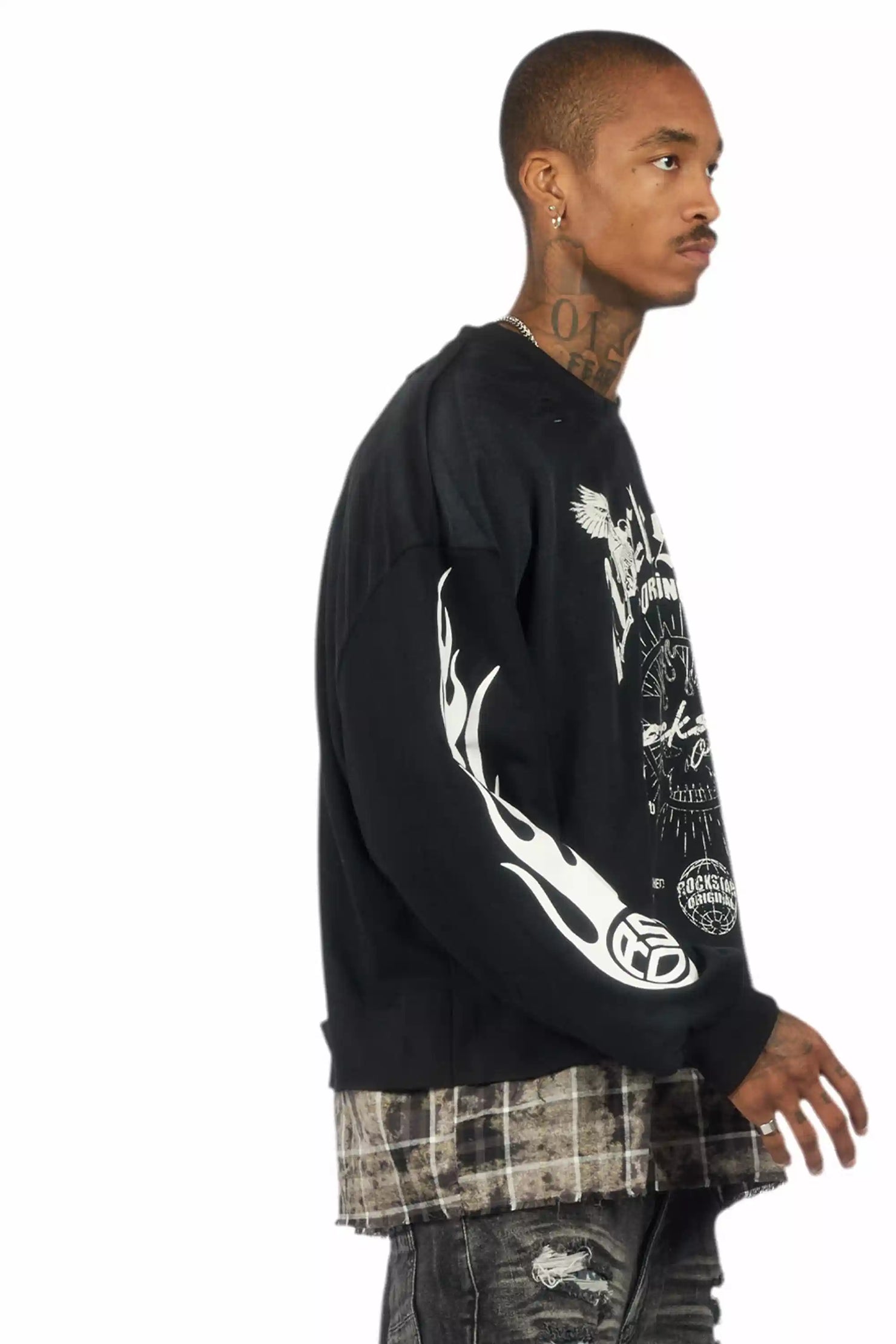 Hundo Black Graphic Flannel Crewneck