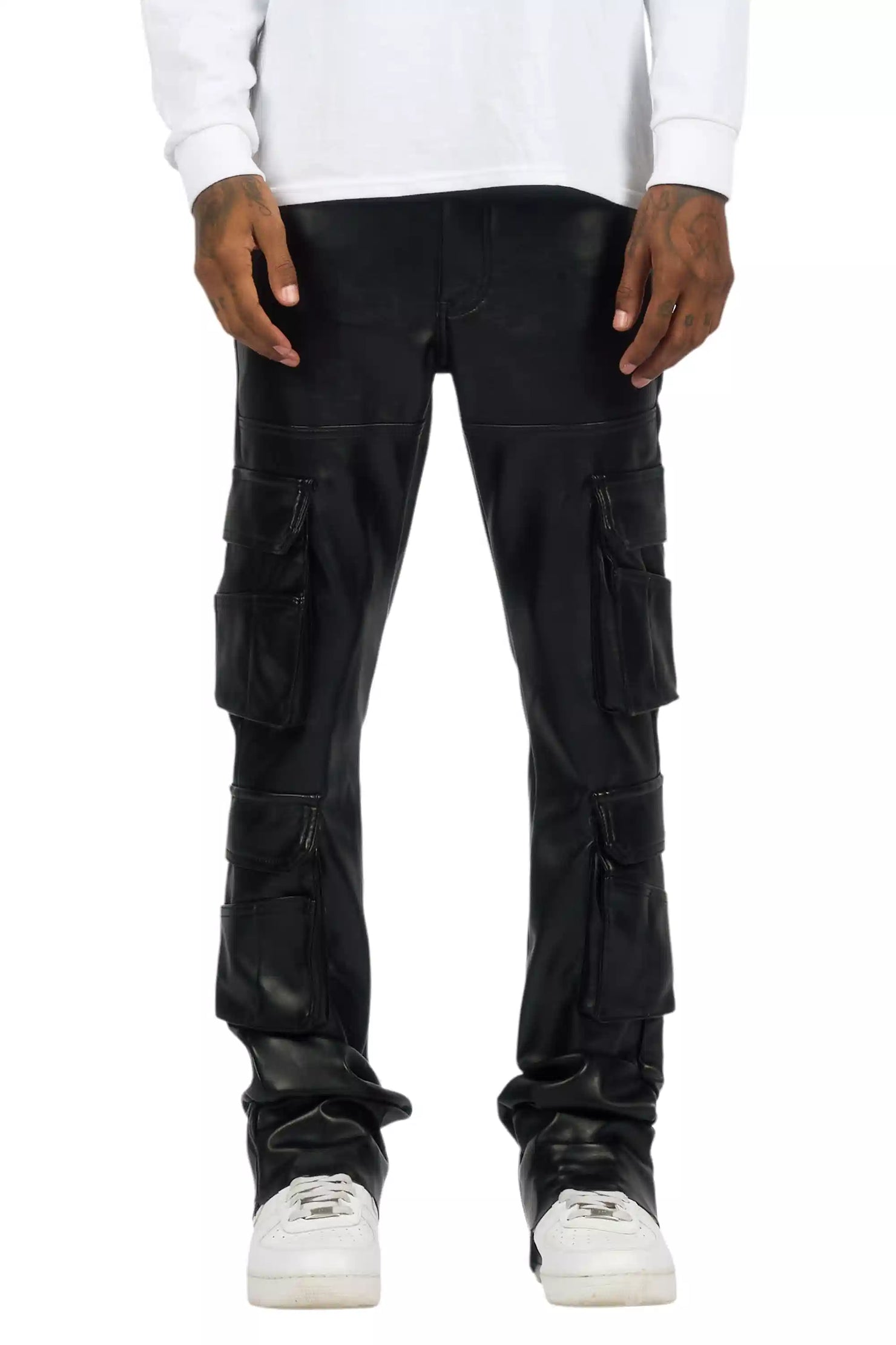 Keylor Black Stacked Flare PU Pants