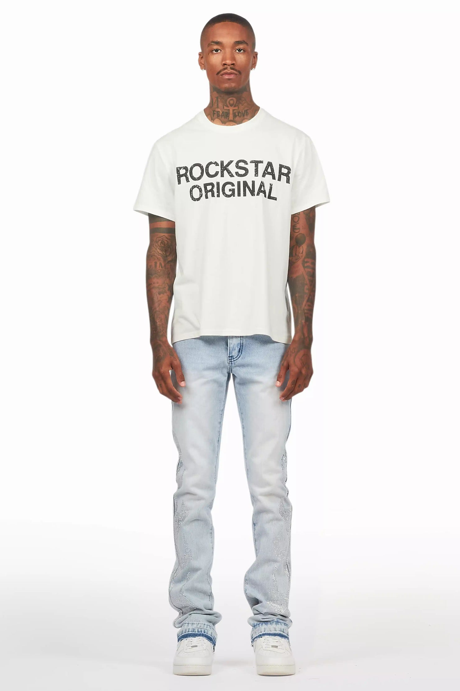 Jian Light Blue Rhinestone Stacked Flare Jean