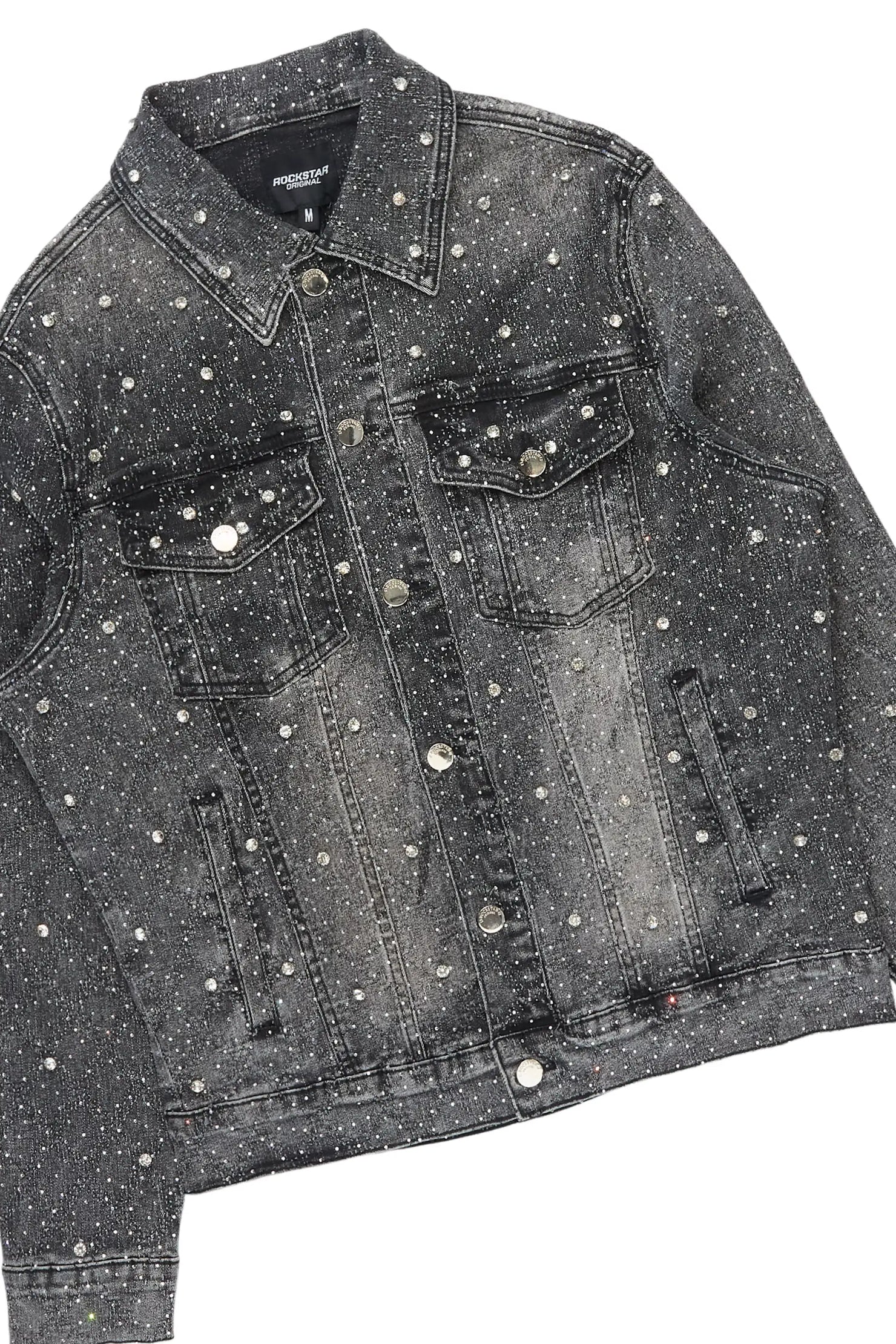 Glit Dark Grey Rhinestone Denim Jacket/Stacked Flare Jean Set