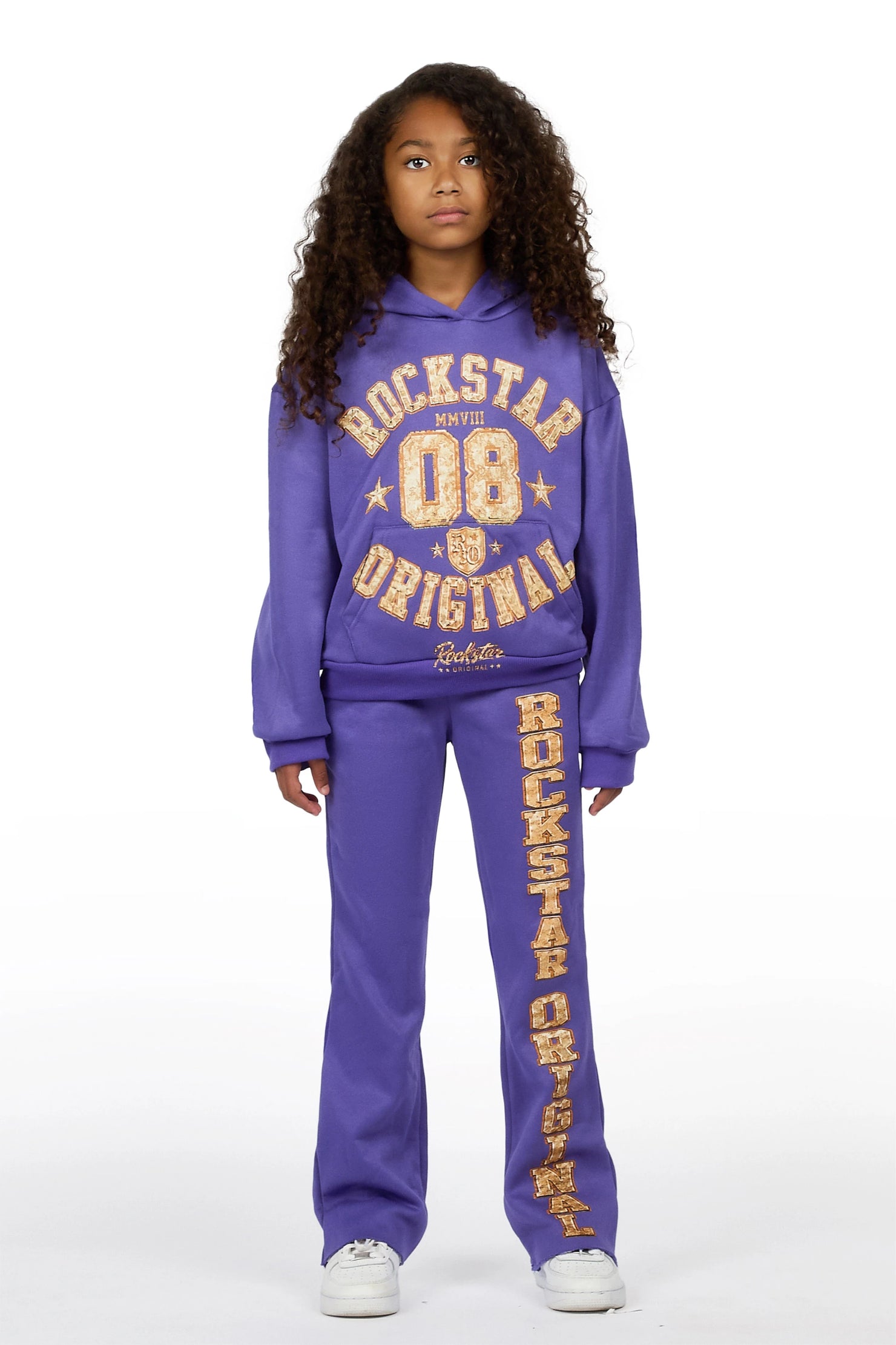 Girls Atrameny Purple/Cream Stacked Hoodie Track Set