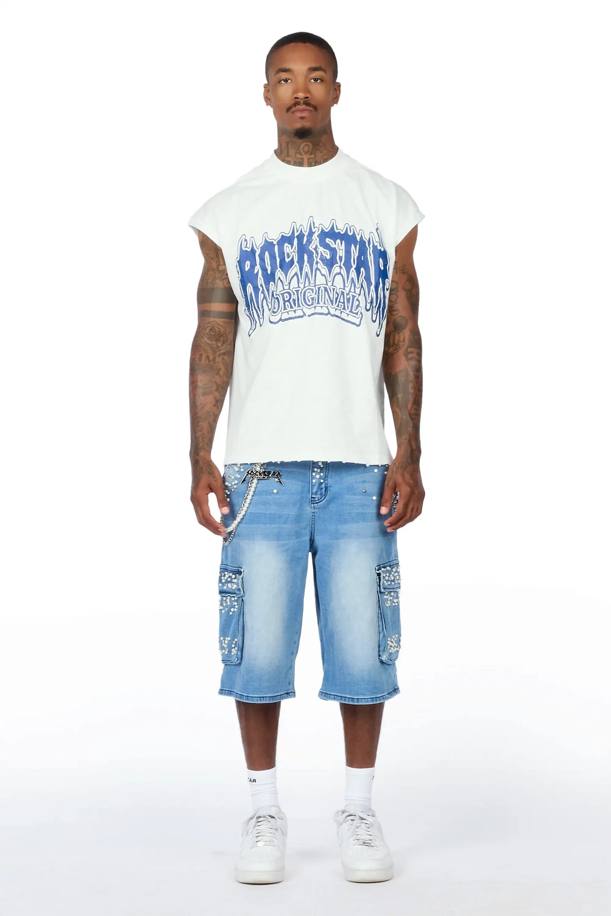 Teo Blue Rhinestone Cut Sleeve T-Shirt Denim Jort Set