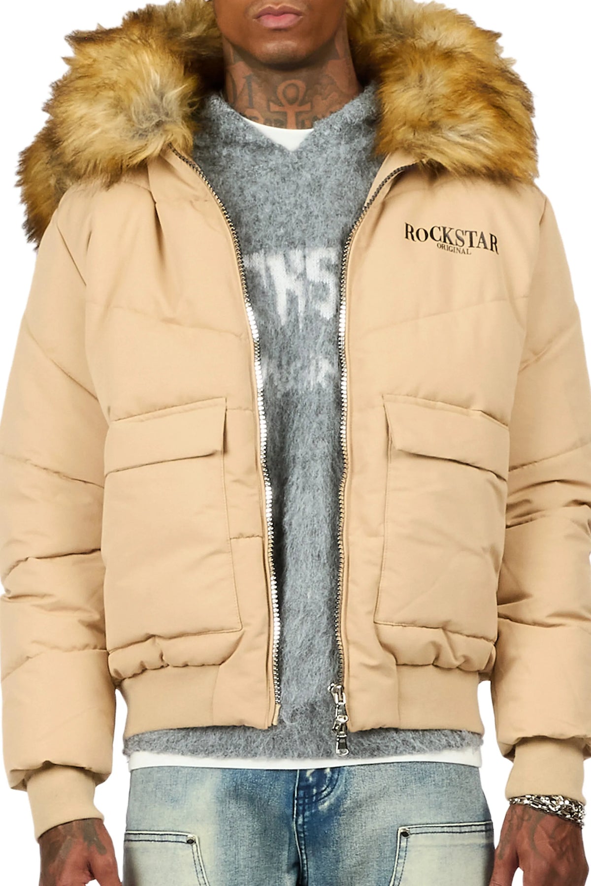 Langston Beige Puffer Jacket with Fur Hood