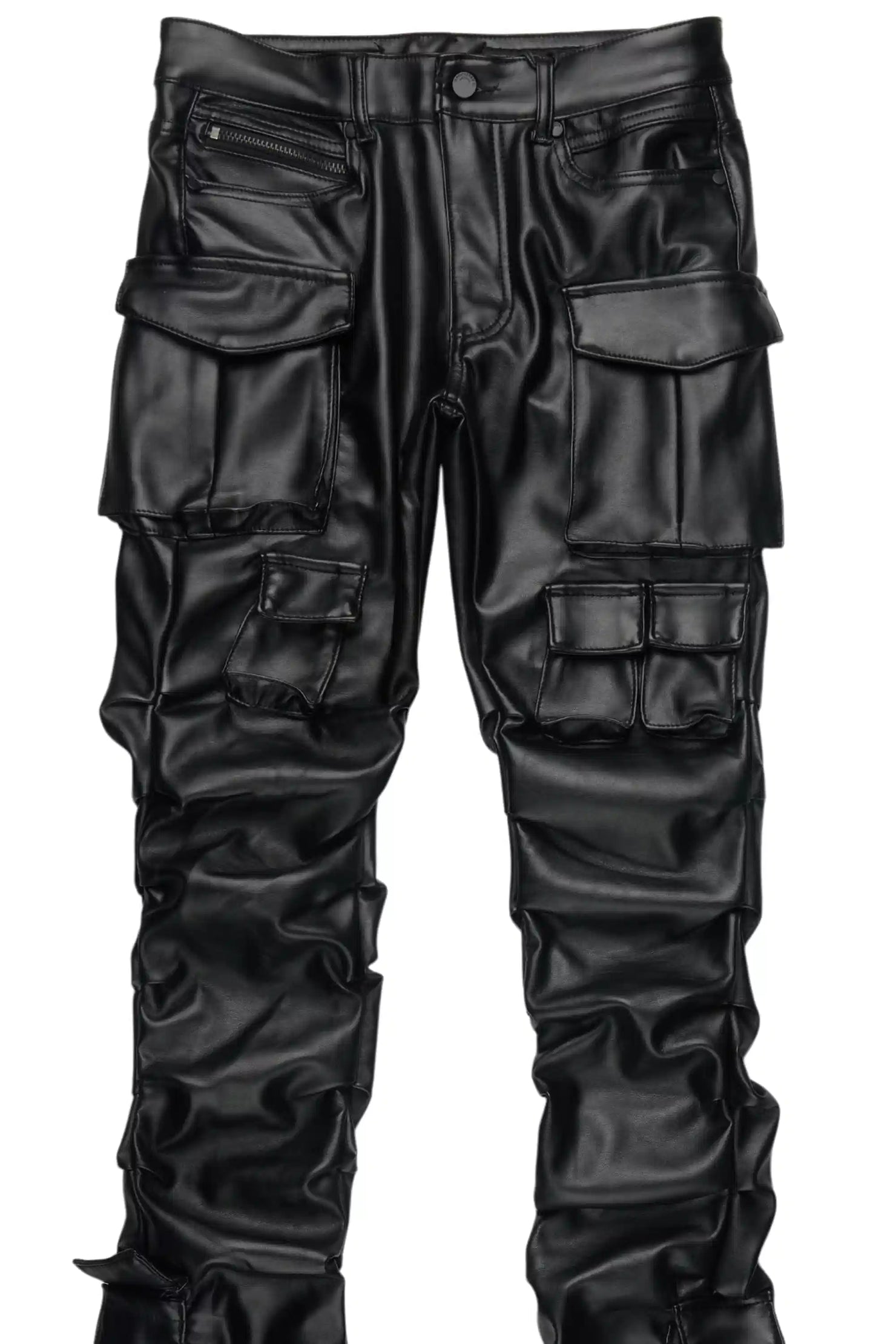 Gentry Black Stacked Flare PU Pants