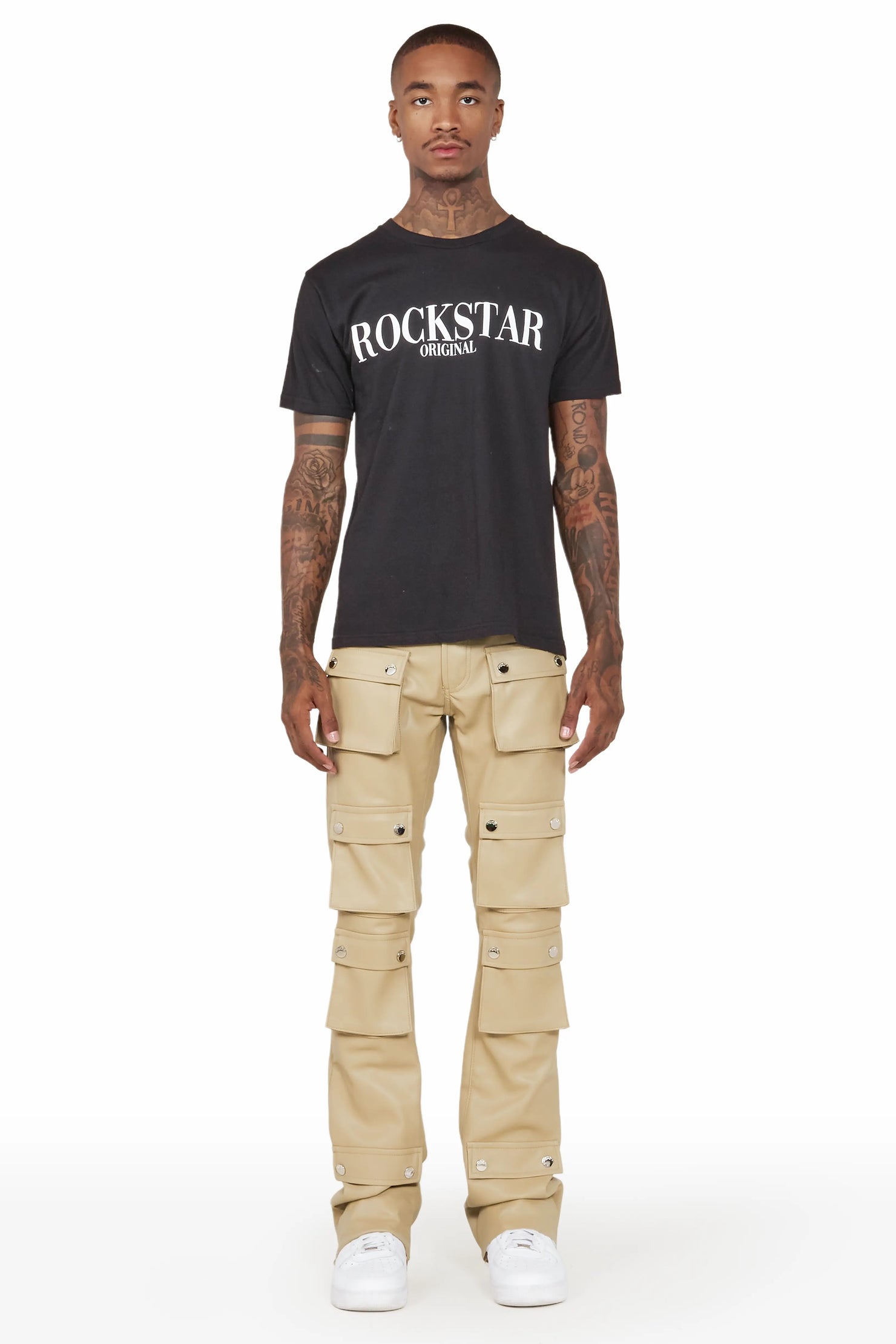 Remi Beige Faux Leather Stacked Flare Jean