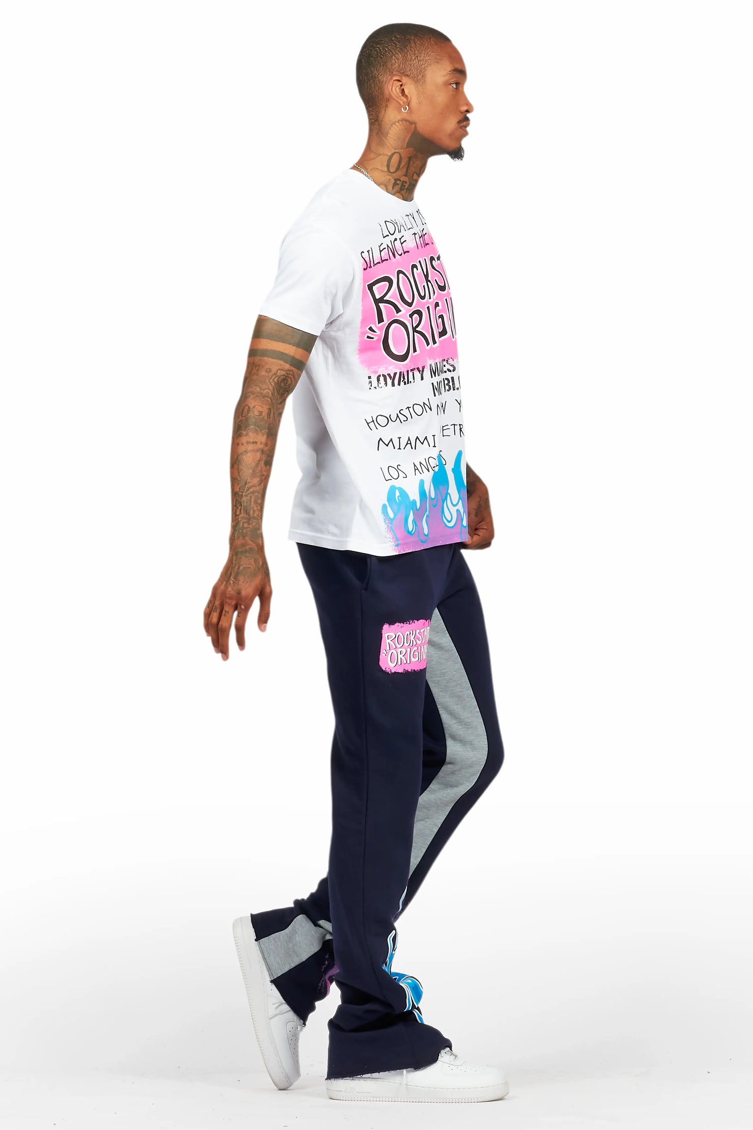 Beno White/Navy T-Shirt/Baggy Stacked Pant Set