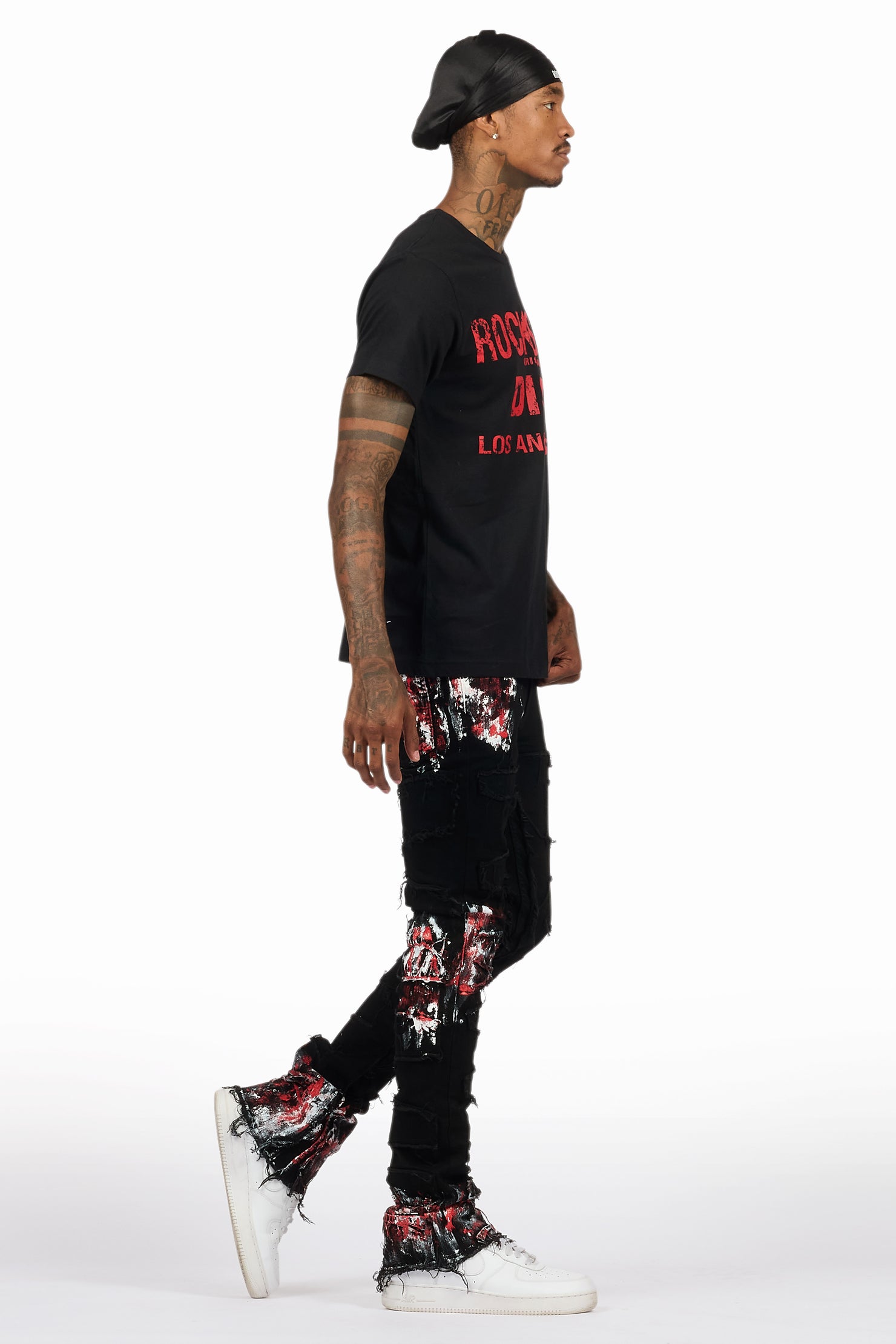 Saxon Black/Red T-Shirt/Stacked Flare Jean Set