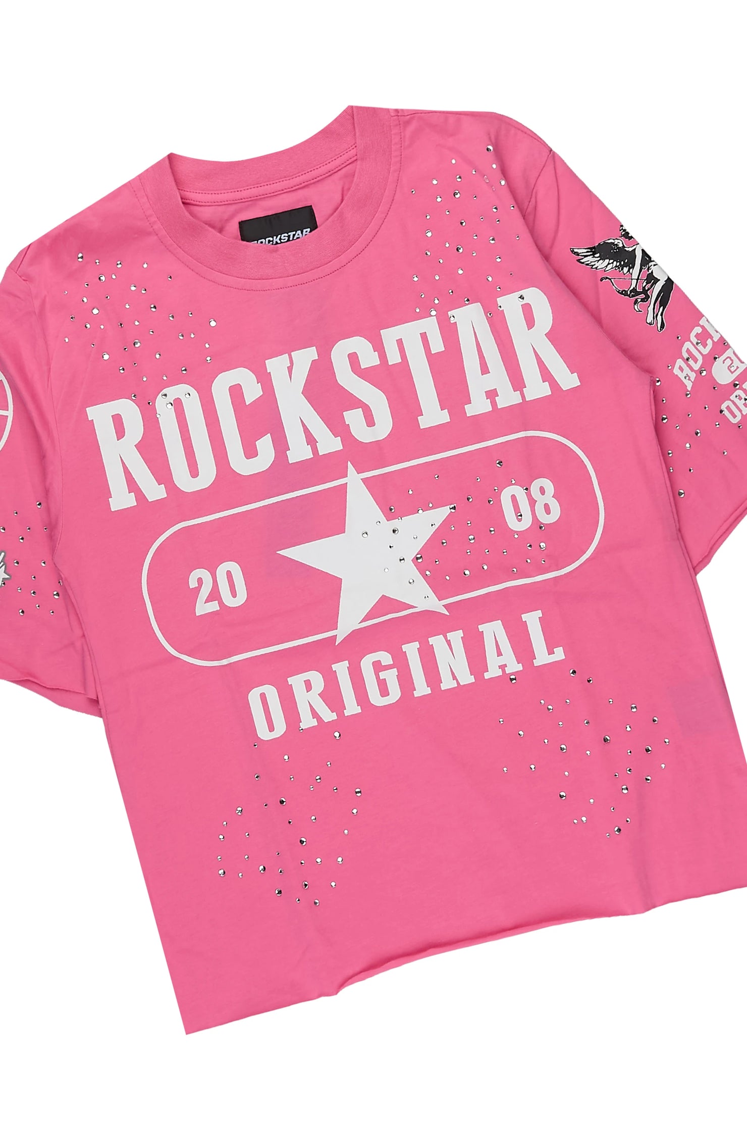 Girls Kyesha Hot Pink Rhinestone Boxy T-Shirt Short Set