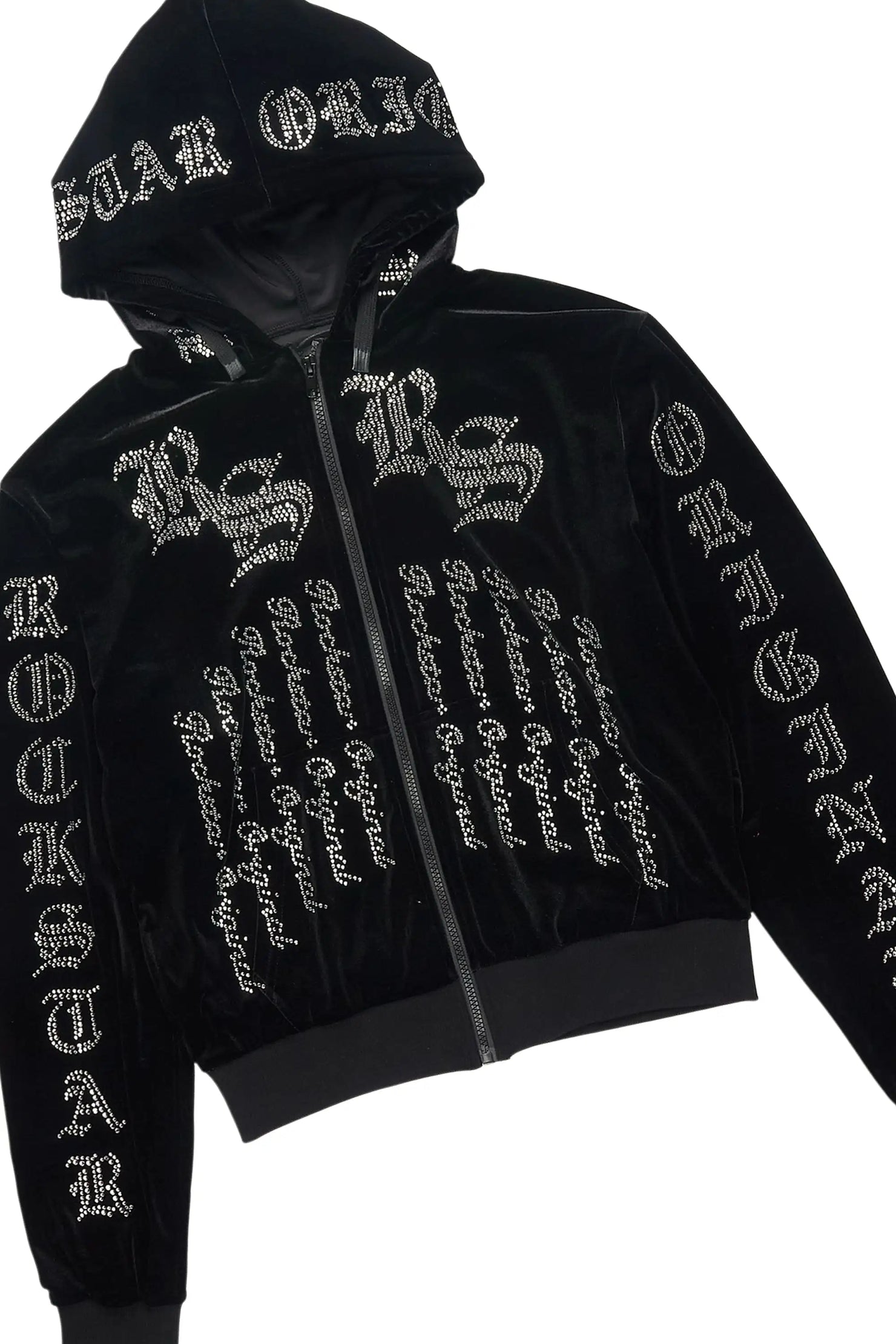 Doniqua Black Rhinestone Velour Stacked Track Set