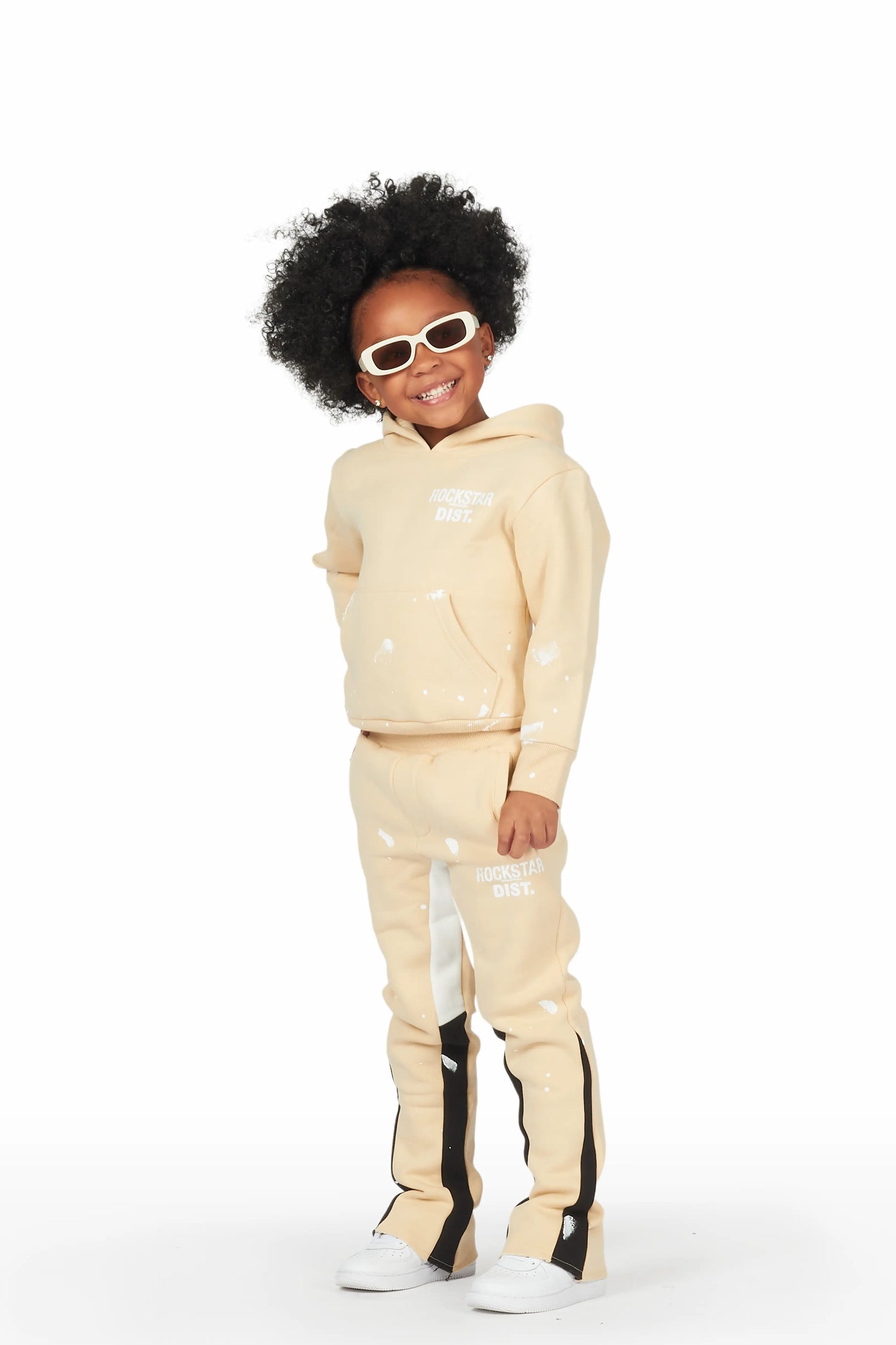 Girls Hadley Beige/Black Hoodie Stacked Flare Track Set