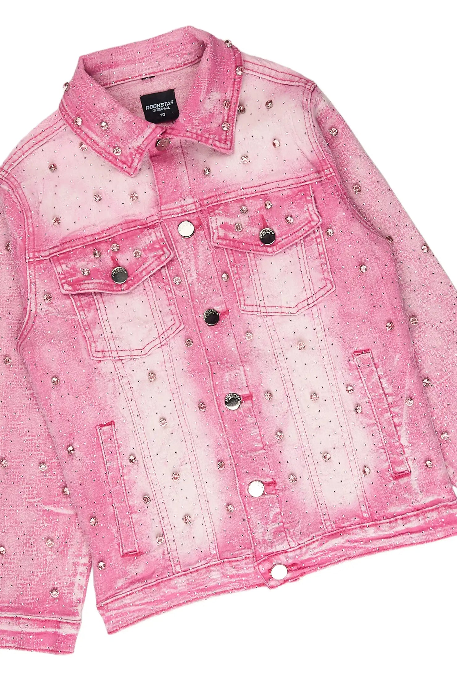 Girls Sareka Pink Rhinestone Denim Jacket/Jean Set